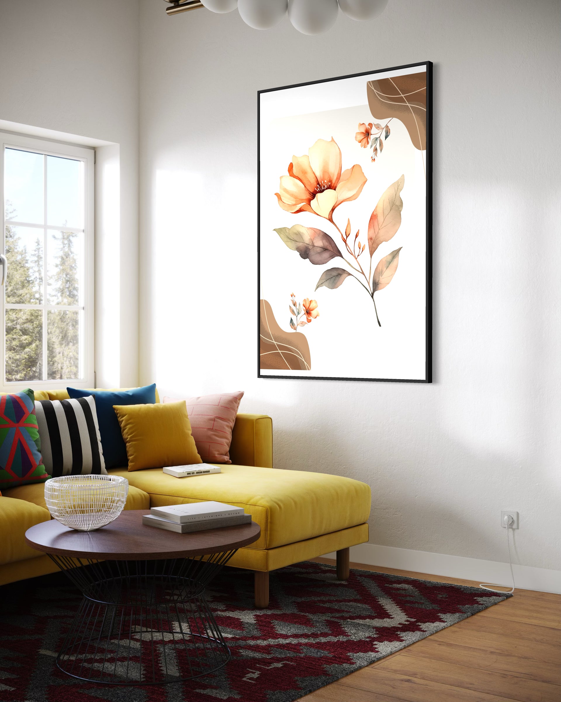 Stampa da parete con cornice nera e fiori arancioni e beige