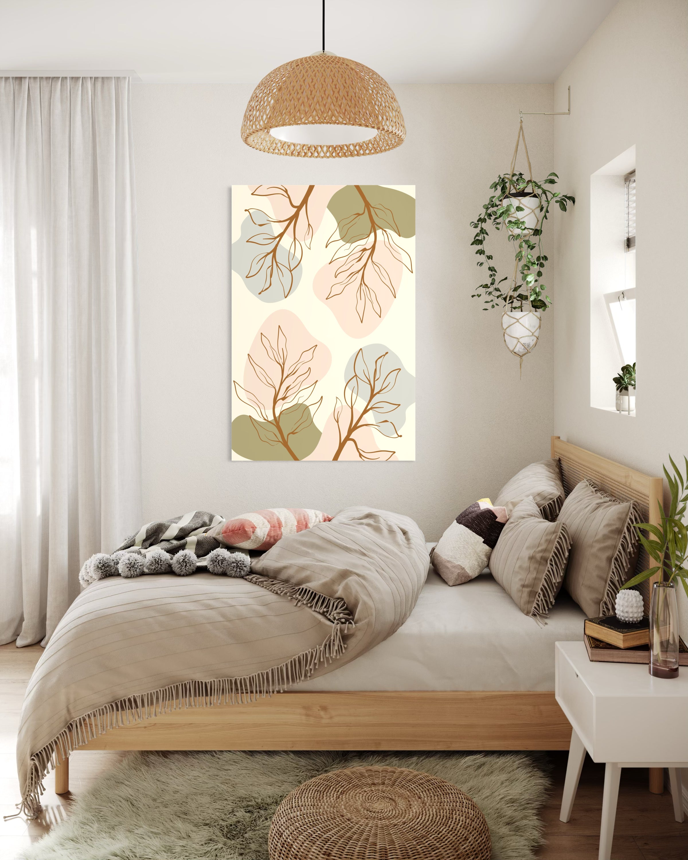 Quadro verde con cornice bianca, foglie astratte e linee decorative