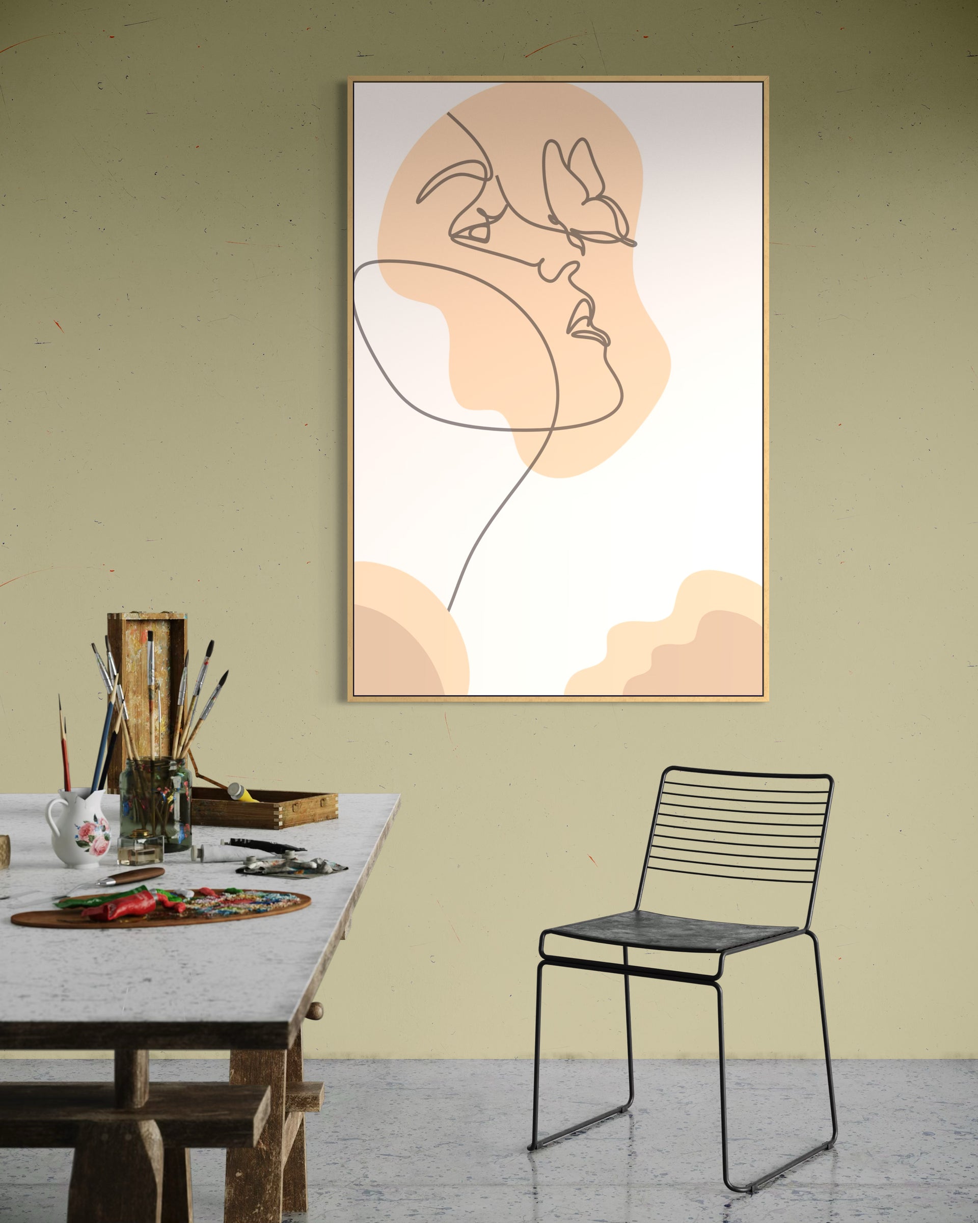 Sweet farfalla, illustrazione lineare in cornice oro su sfondo chiaro