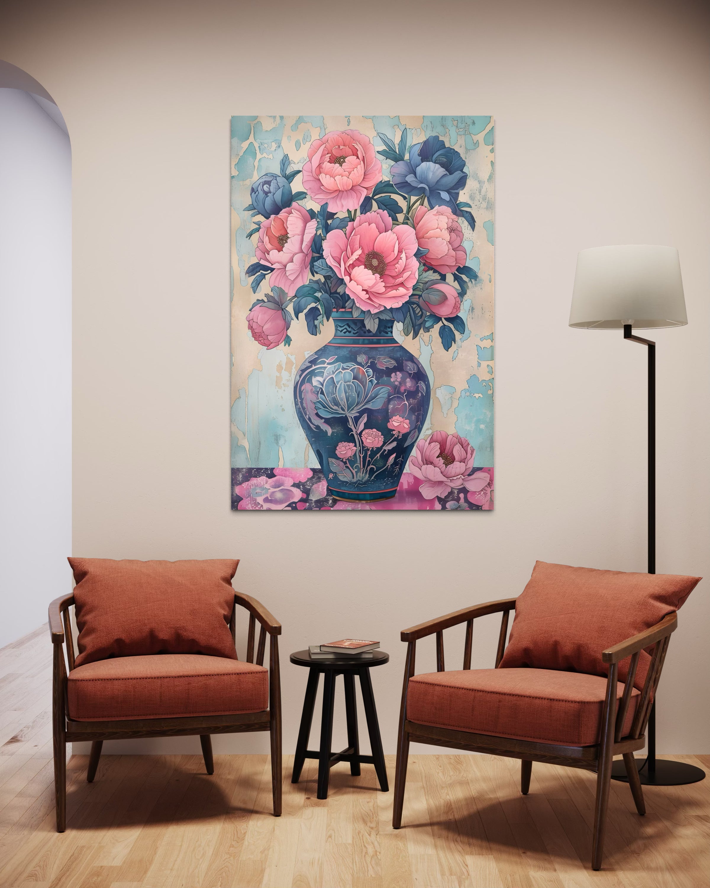 Vaso floreale in stile decorativo, fiori rosa e blu con cornice chiara