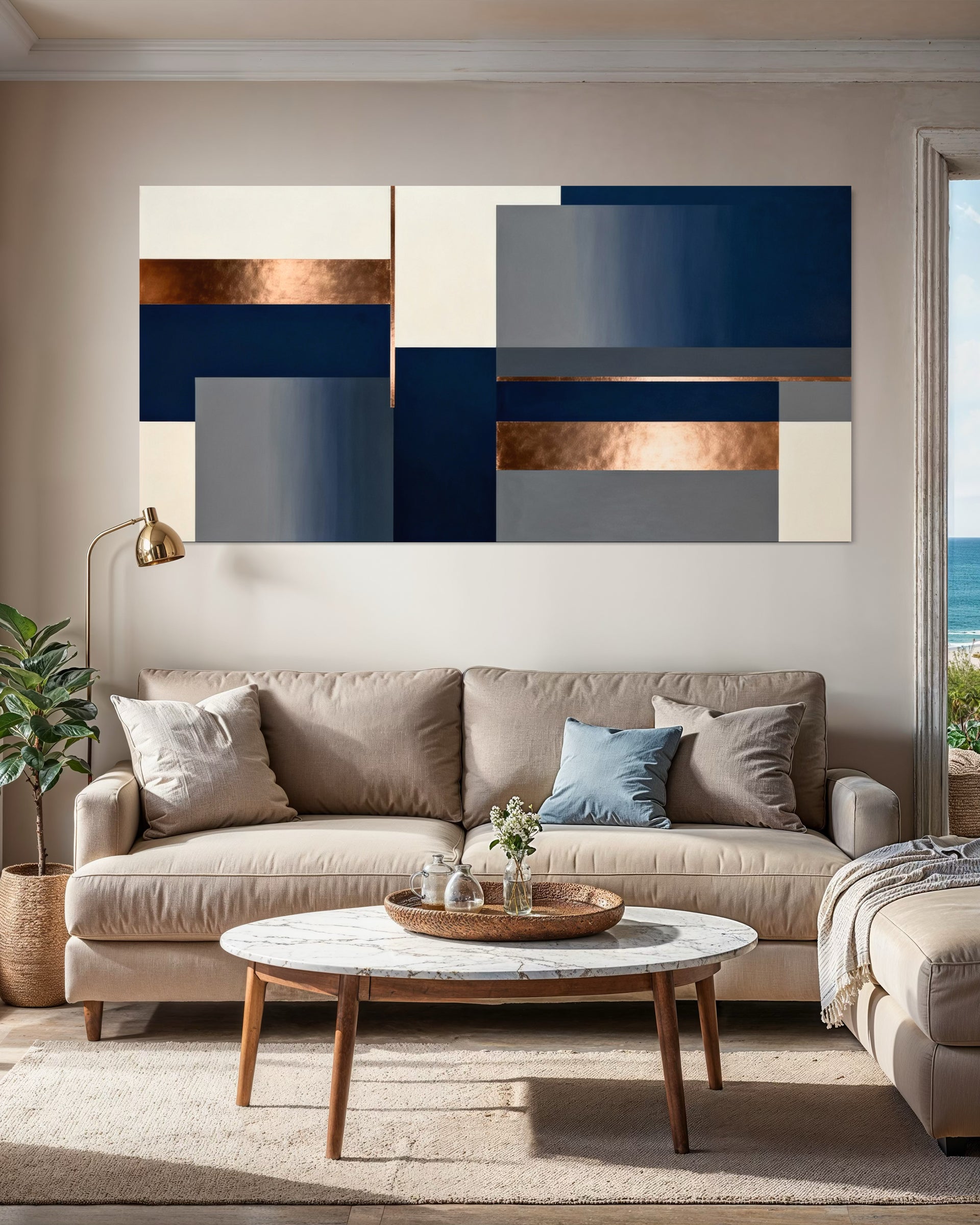 Quadro astratto blu con inserti oro e cornice bianca