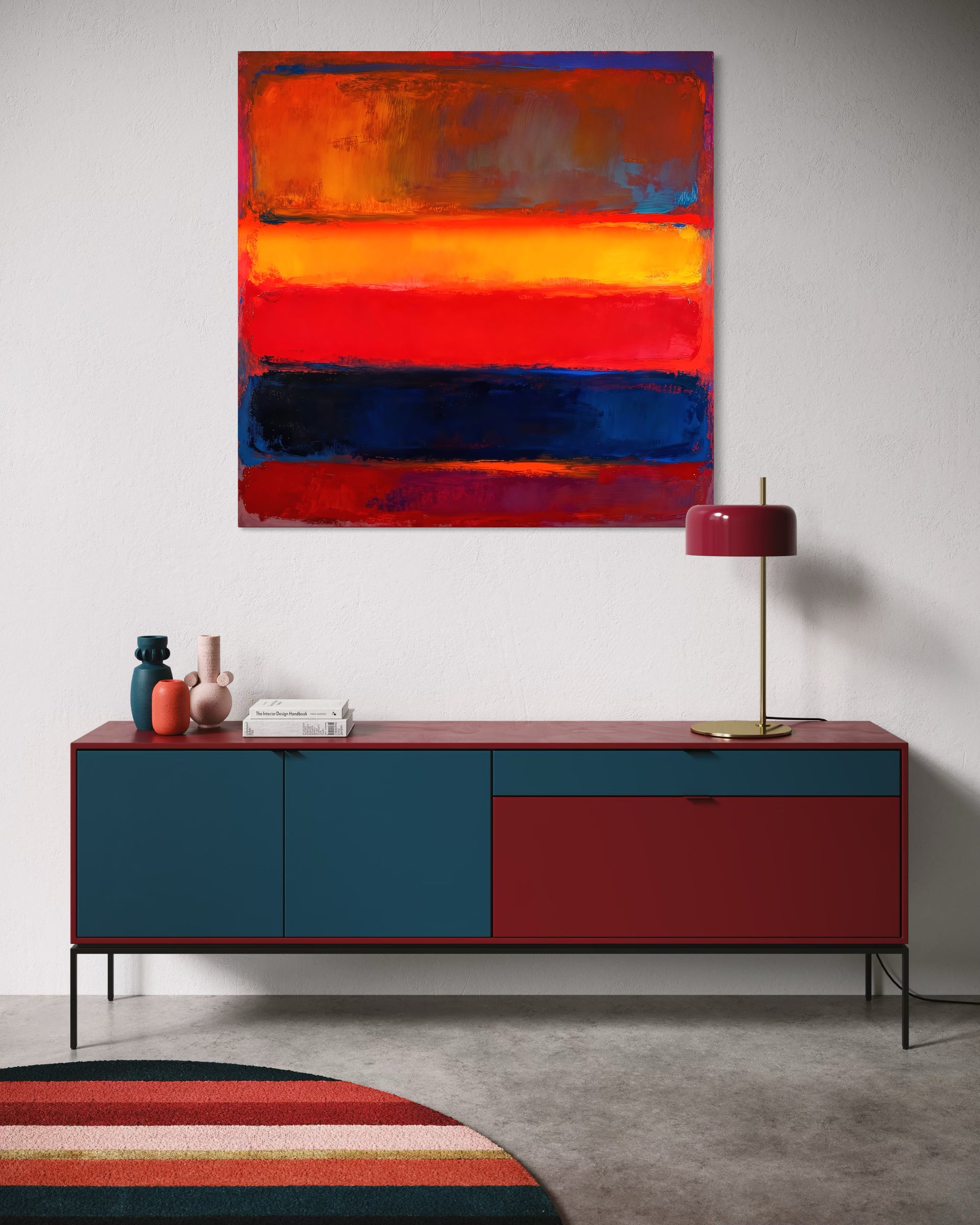 Orizzonte di fuoco: quadro astratto con fasce rosse, arancioni e blu, cornice scura.