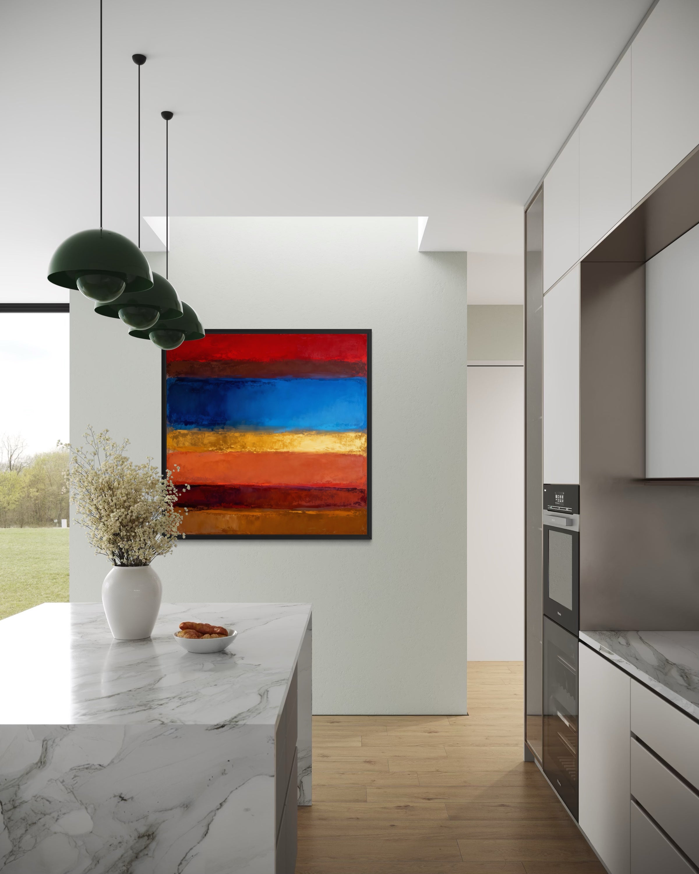 Silenzio del crepuscolo, quadro astratto: fasce orizzontali rosse, blu e dorate