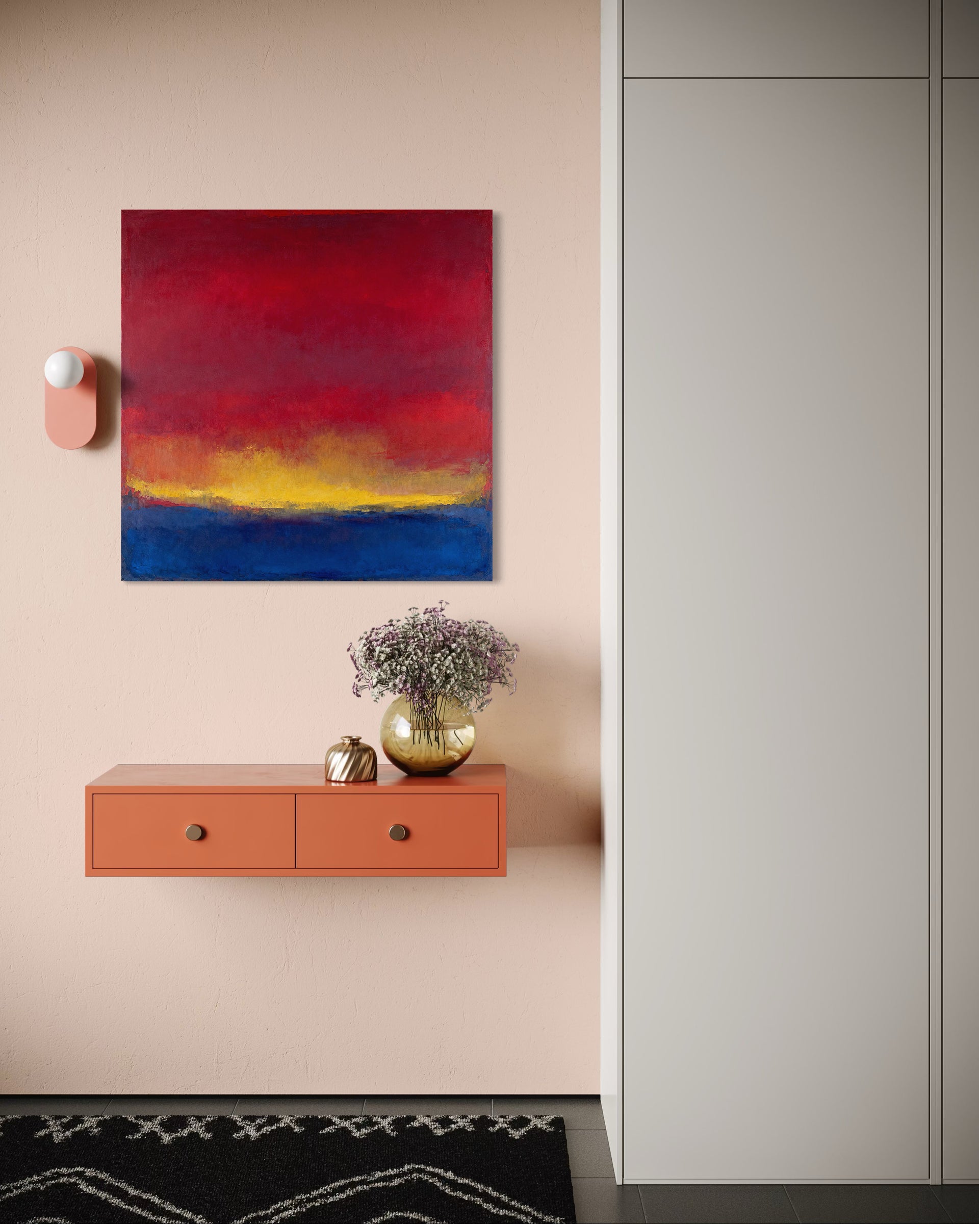Confine del giorno: quadro astratto rosso giallo blu