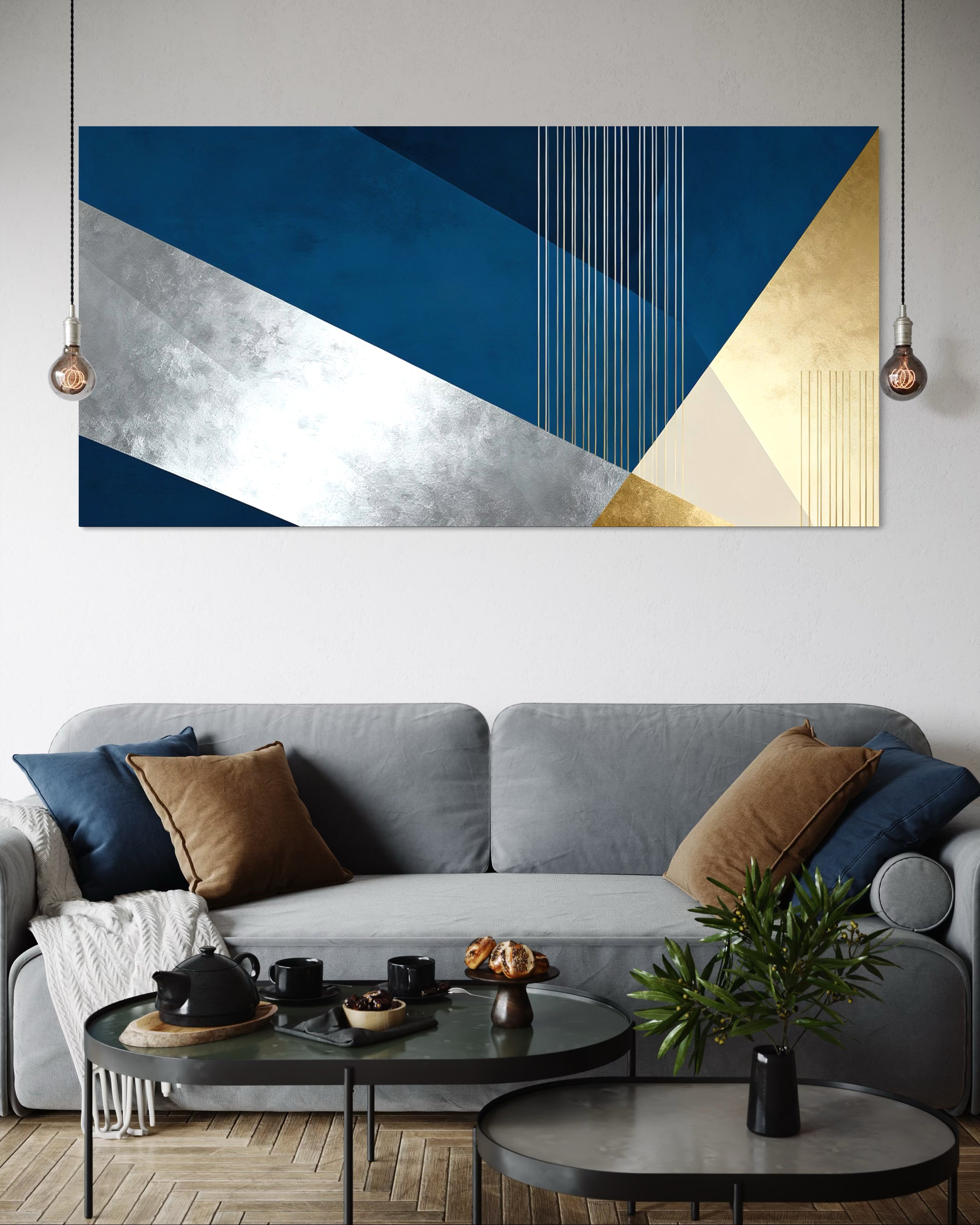 Quadro astratto Equilibrio con telaio, geometrie blu, oro e argento