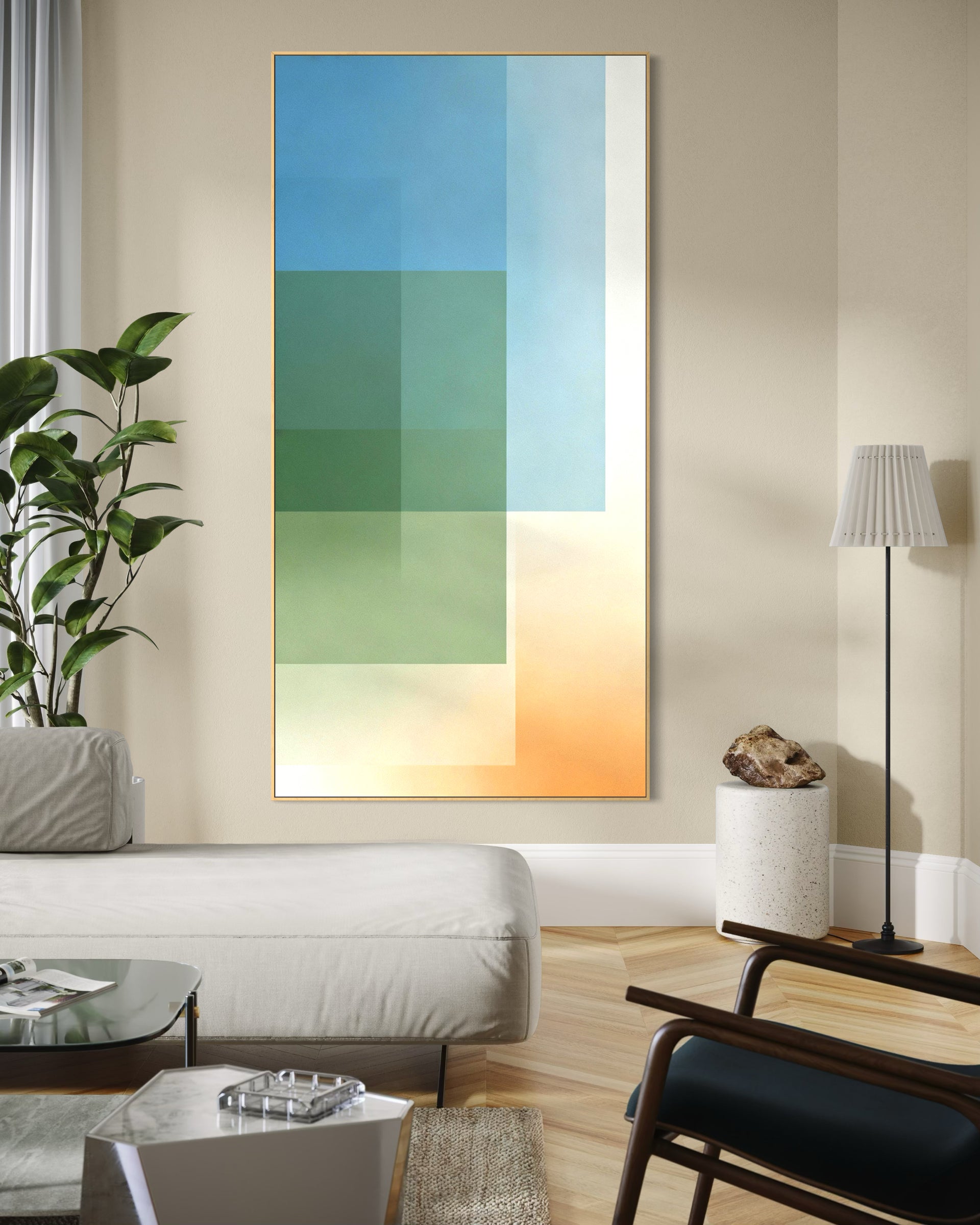Silenzio home design: stampa astratta con cornice chiara e blocchi di colore