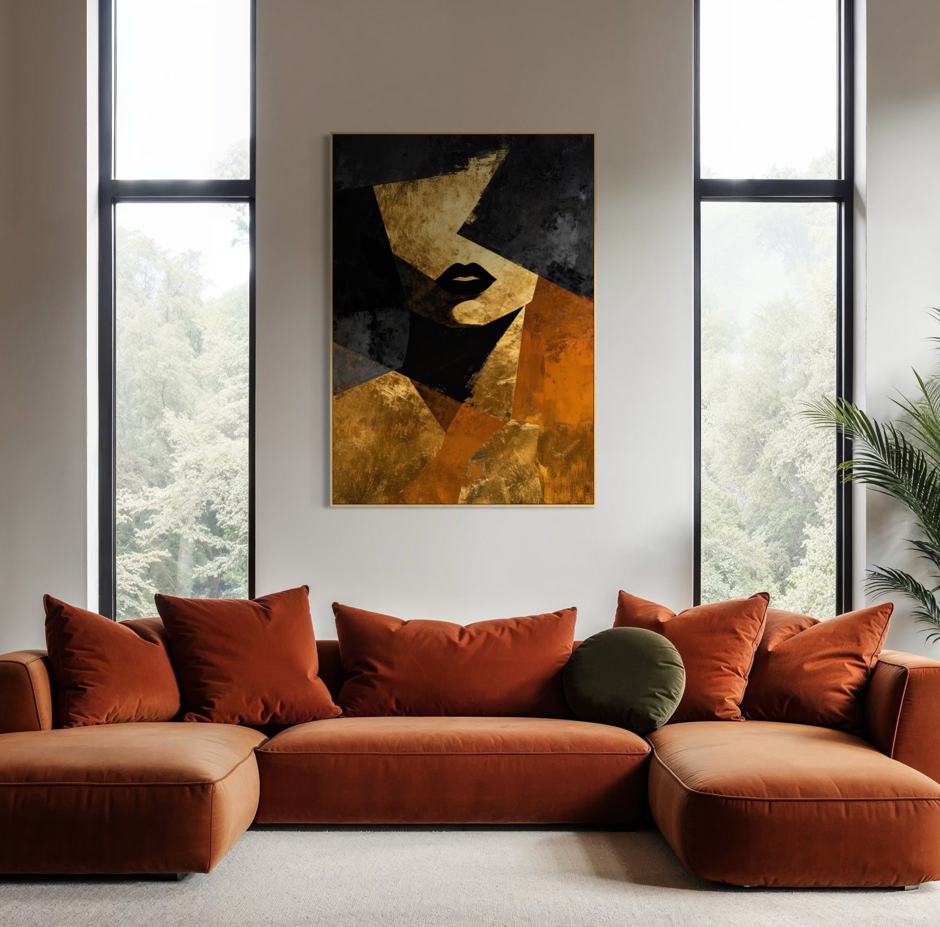 Quadro Essenza astratto con cornice scura e inserti oro su fondo nero