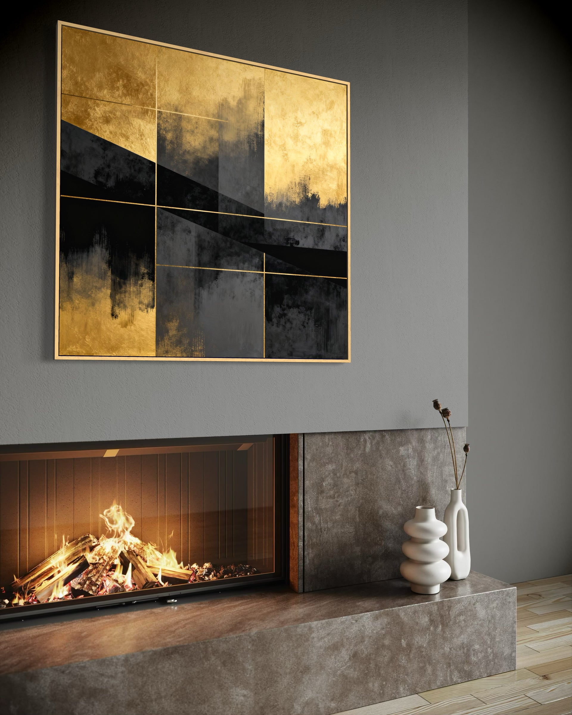 Equilibrio gold con cornice dorata, astratto a riquadri oro e nero.