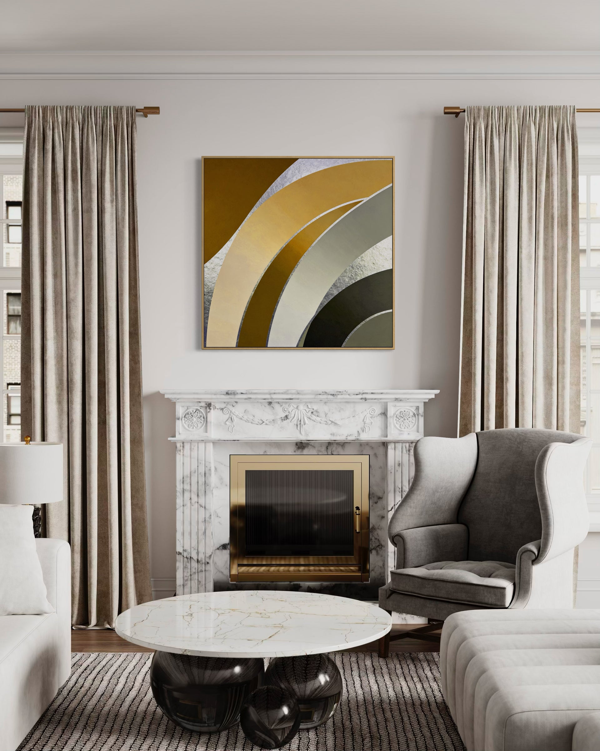 Luce home design: quadro astratto con cornice color oro e forme ad arco
