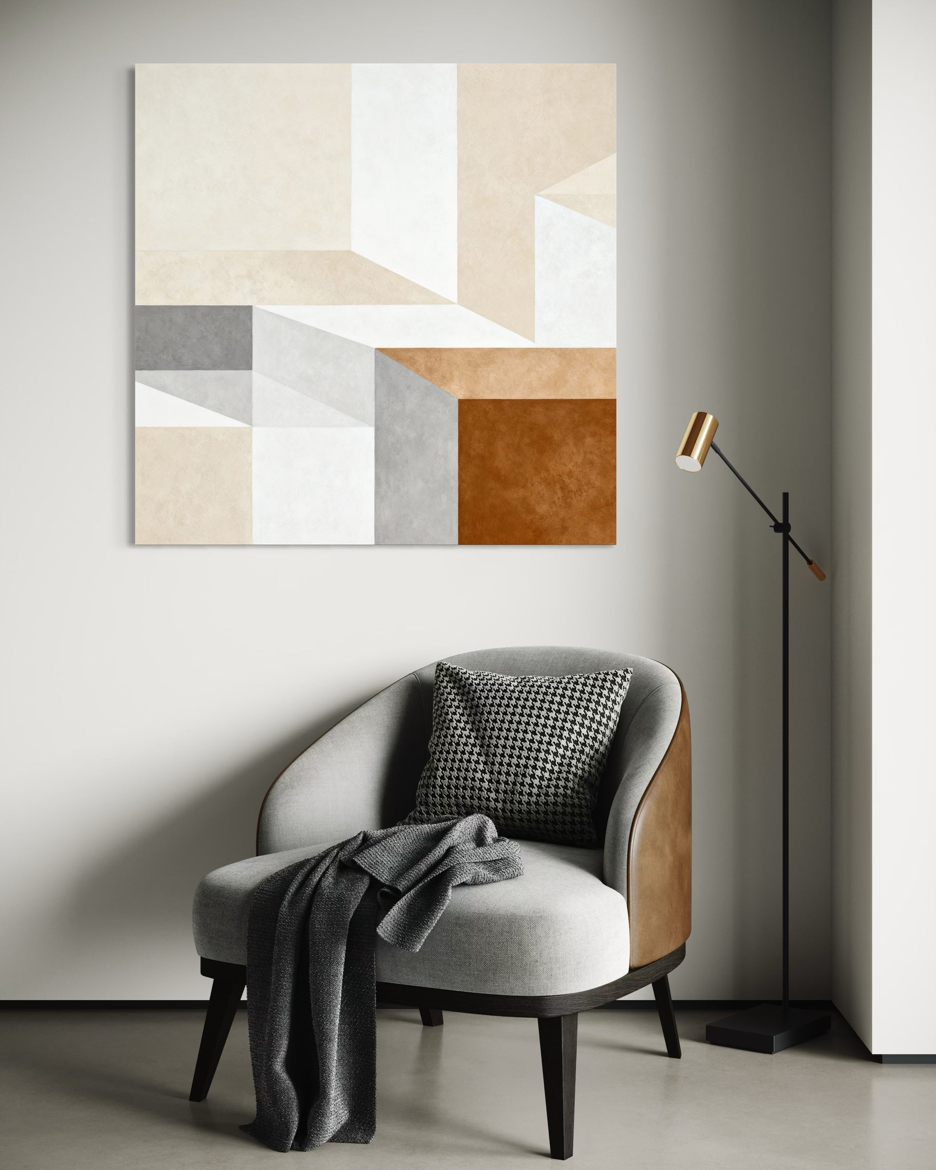 Margine: pannello con forme geometriche su sfondo chiaro, dettagli oro e marrone