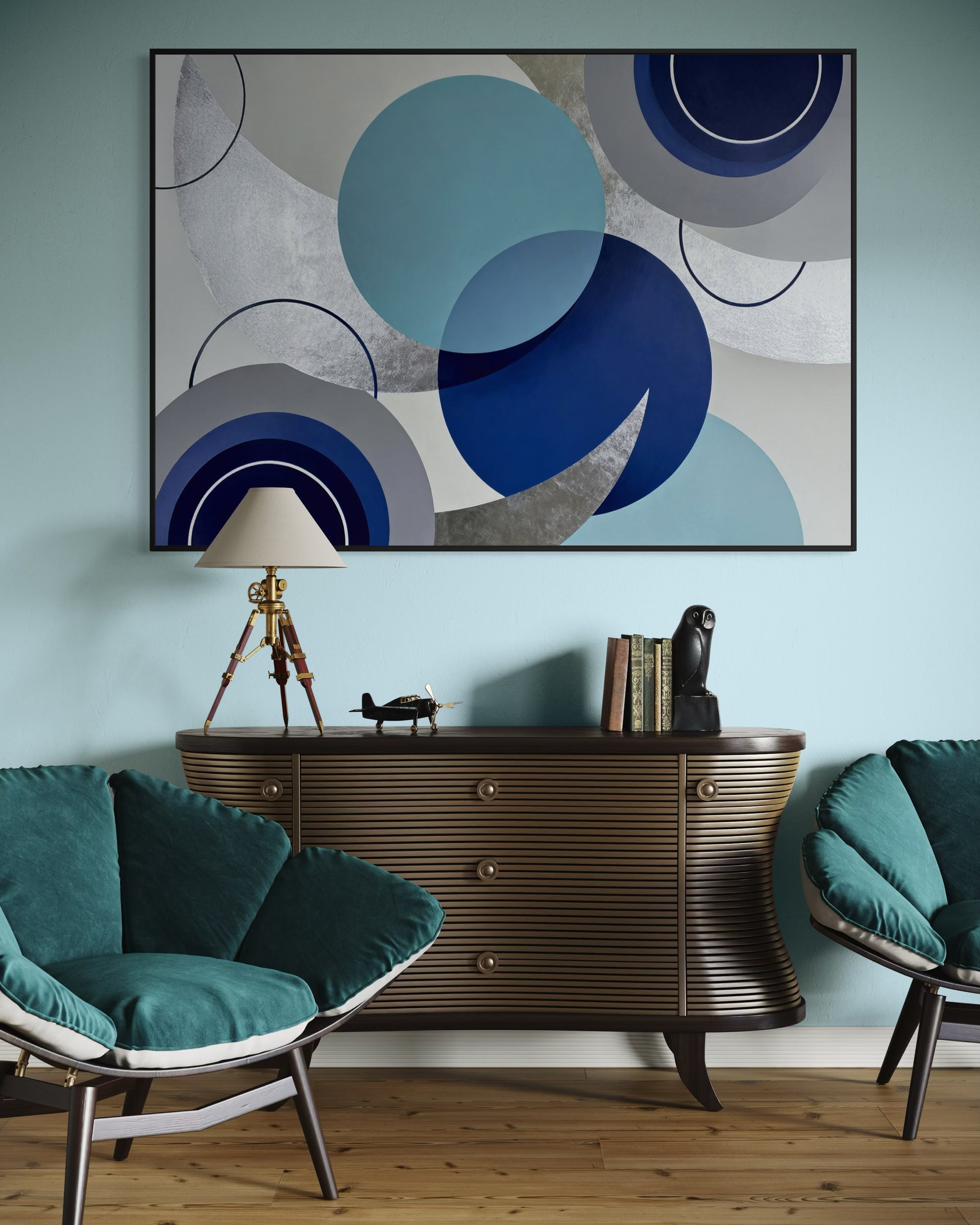Blue silence, stampa astratta con cornice oro