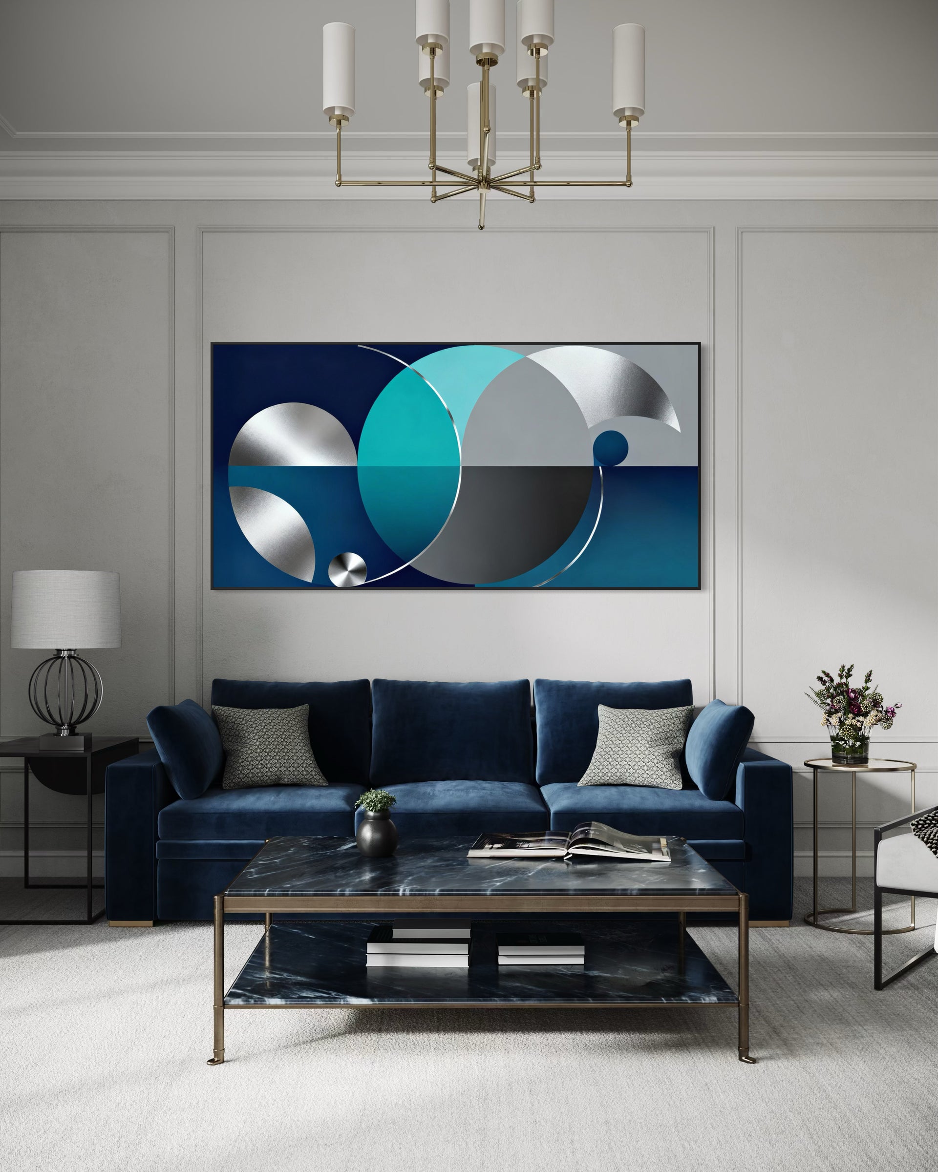 Quiet storm: stampa astratta incorniciata con forme circolari blu, turchese e argento