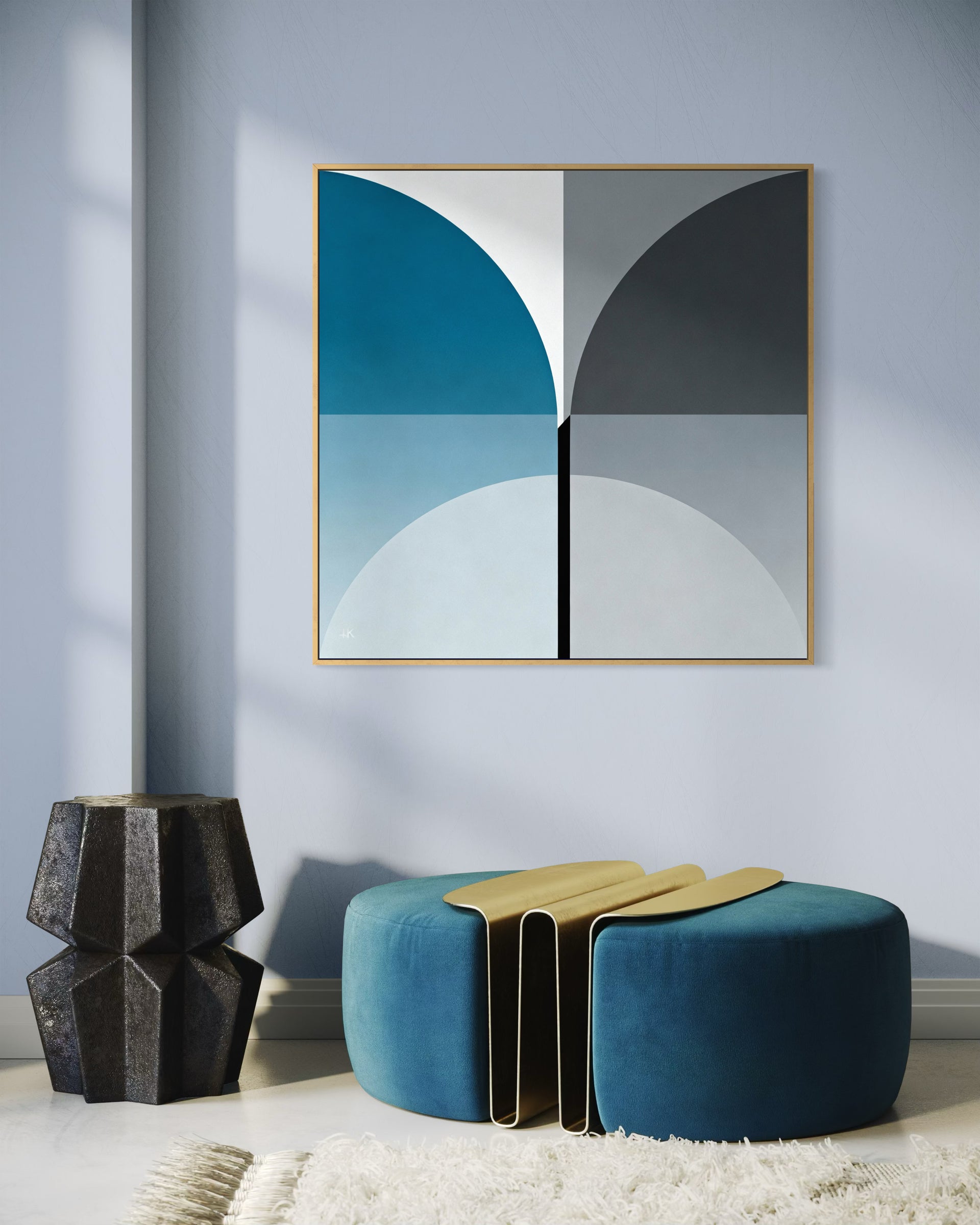 Quadro quadrato astratto con cornice oro: forme blu, nere e bianche