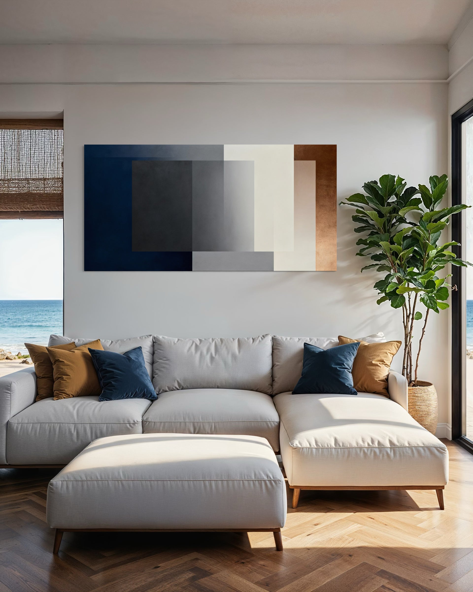 Broken line elegant abstract wall art with broken geometric lines, rectangular frame.