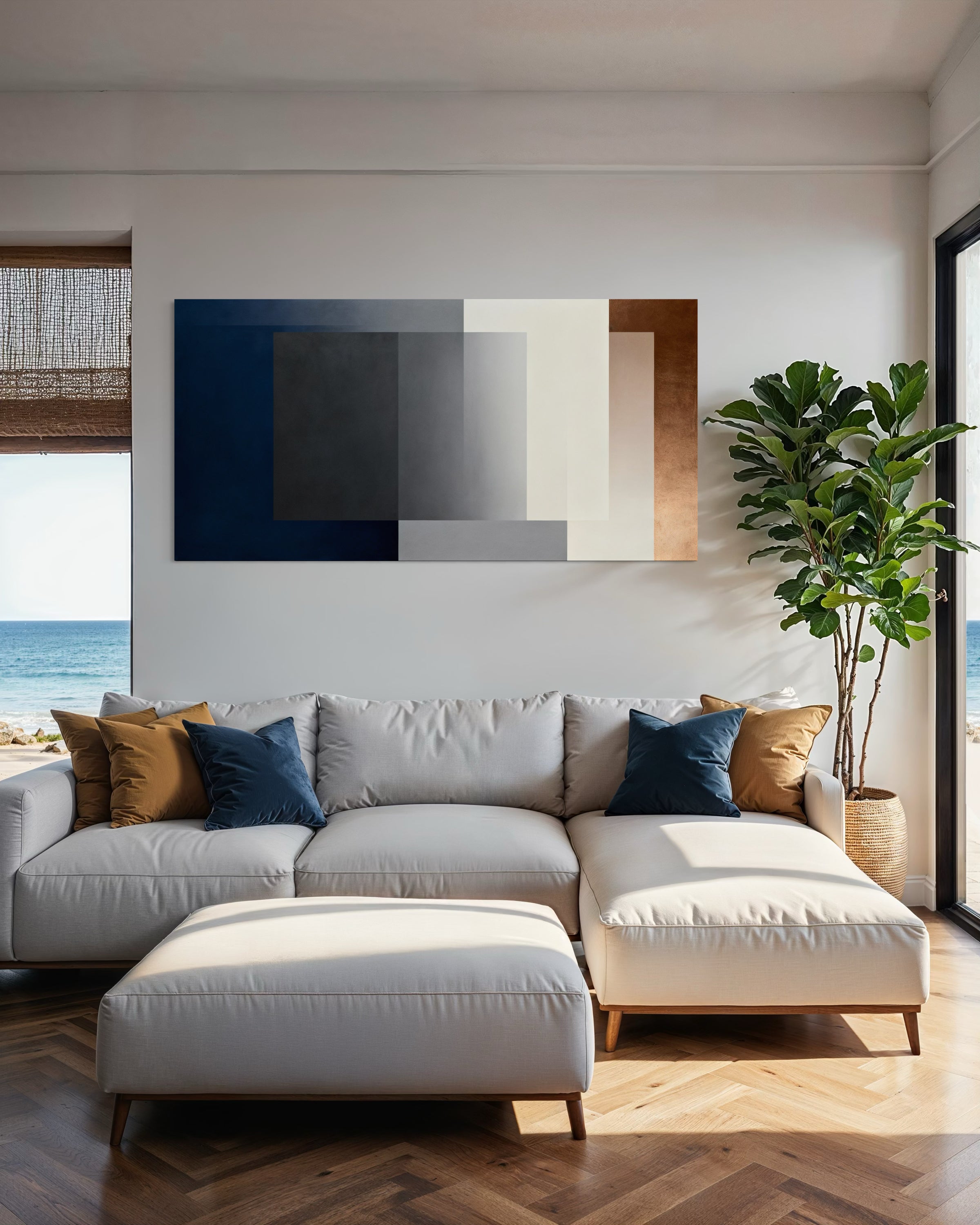 Stampa astratta geometrica da parete con linee nere, blu scuro, grigio e bianco