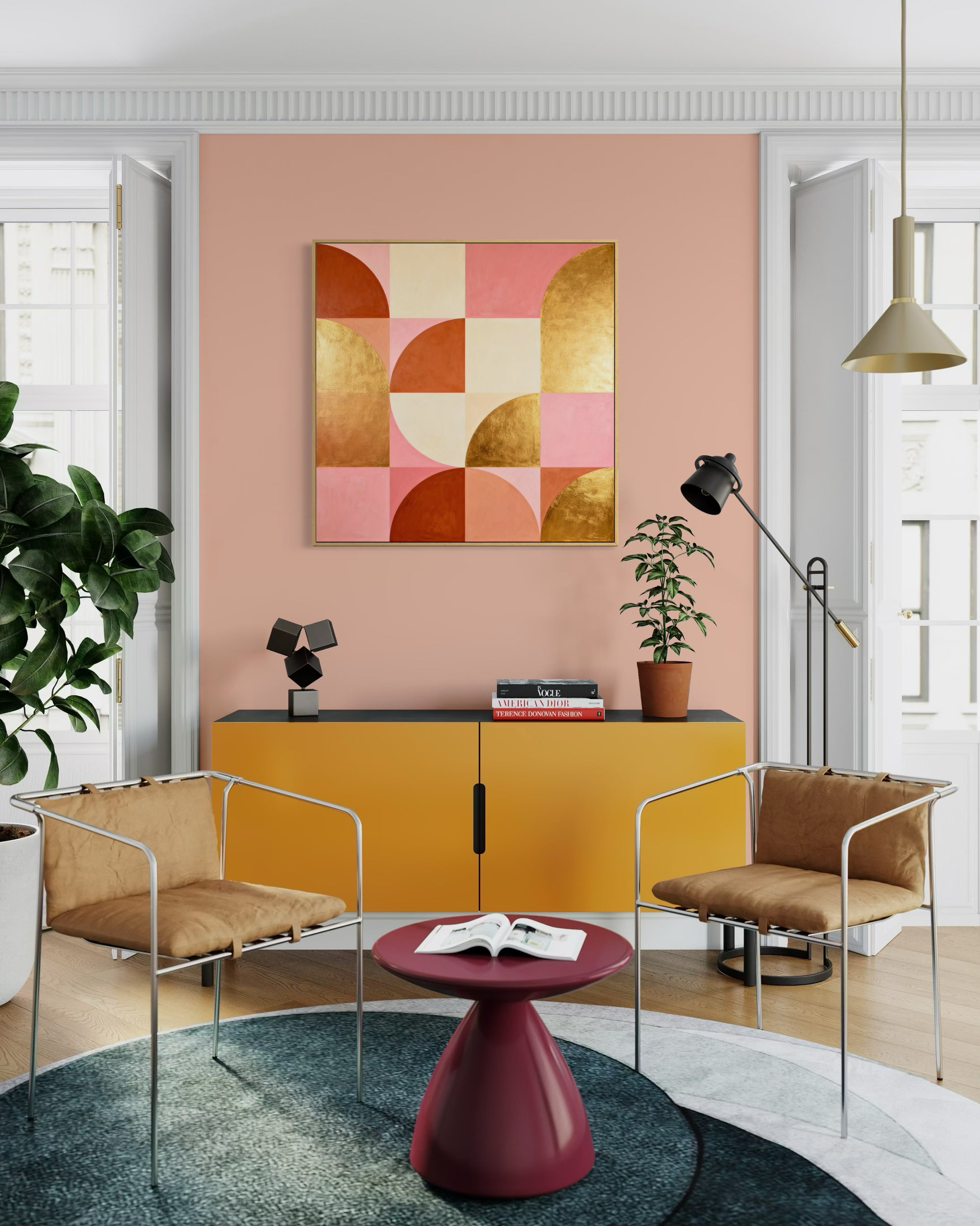 Lucentezza quadro astratto con cornice, geometrie oro e rosa