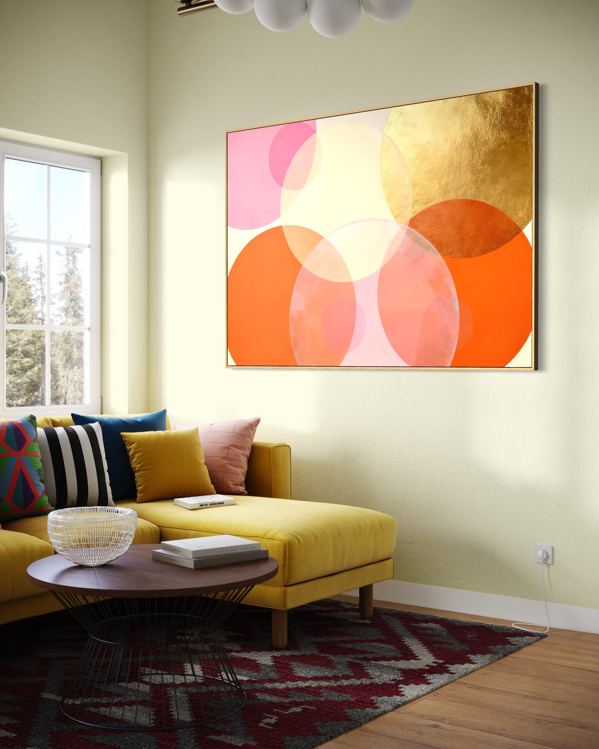Calma, quadro astratto con cornice dorata e cerchi colorati