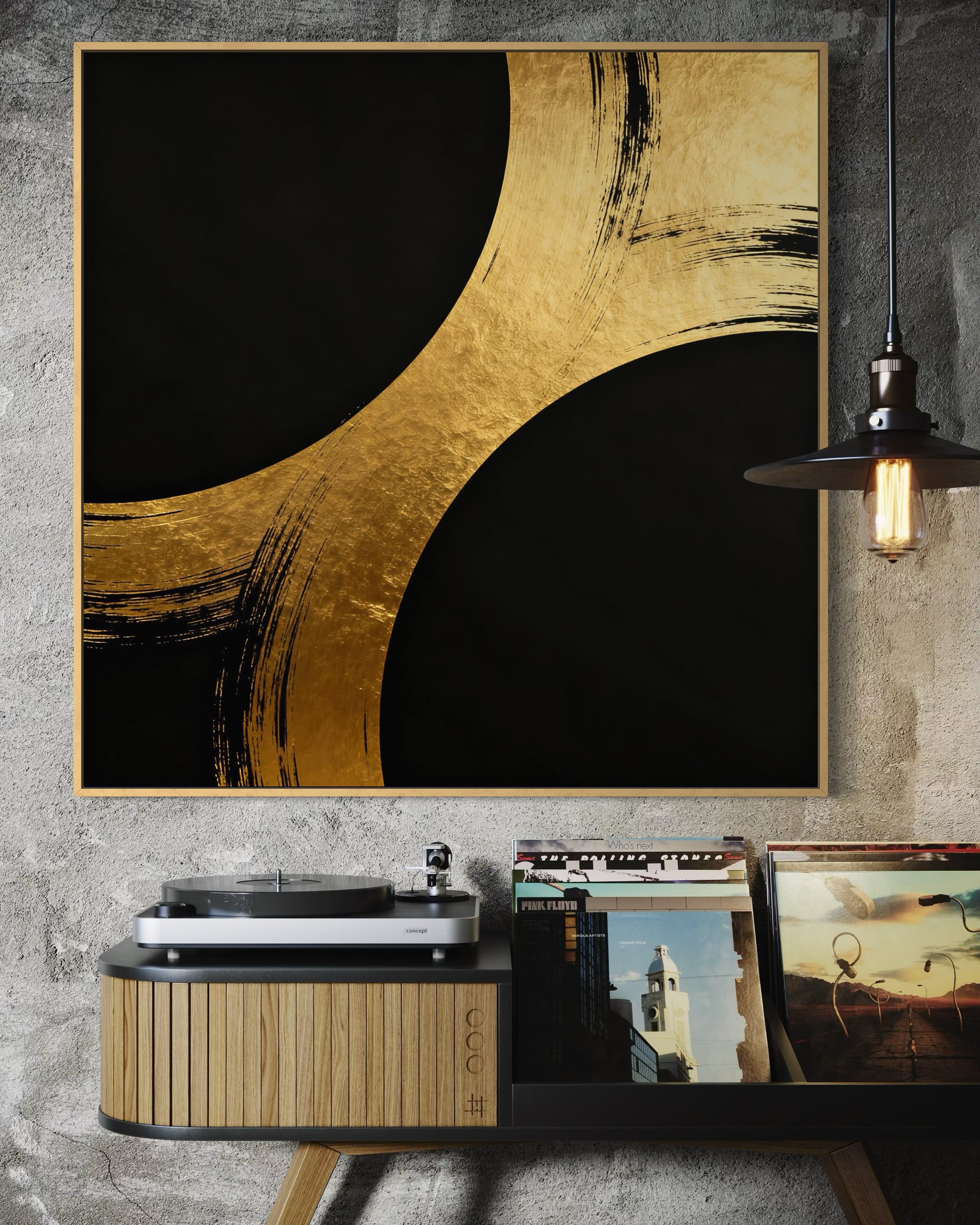 Unione dorata in tela oro e nero, quadro quadrato con linee ad arco e cornice