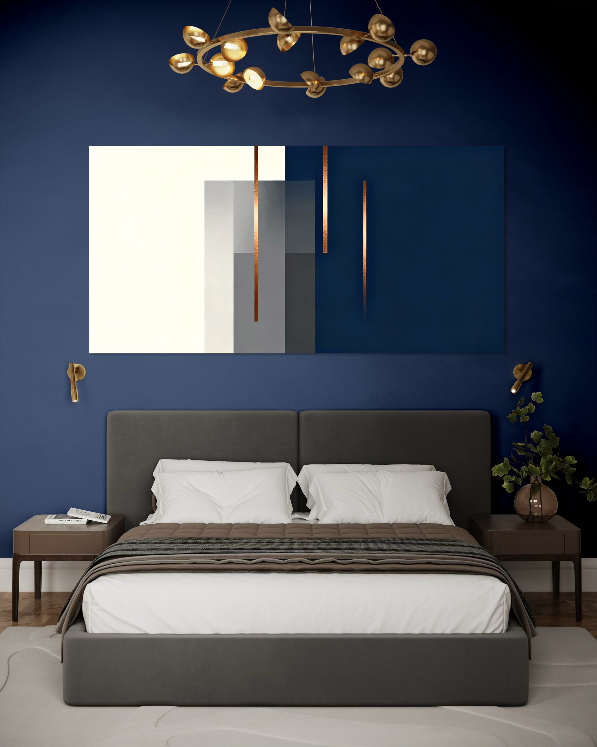 Pannello decorativo argento-blu con cornice oro, linee verticali