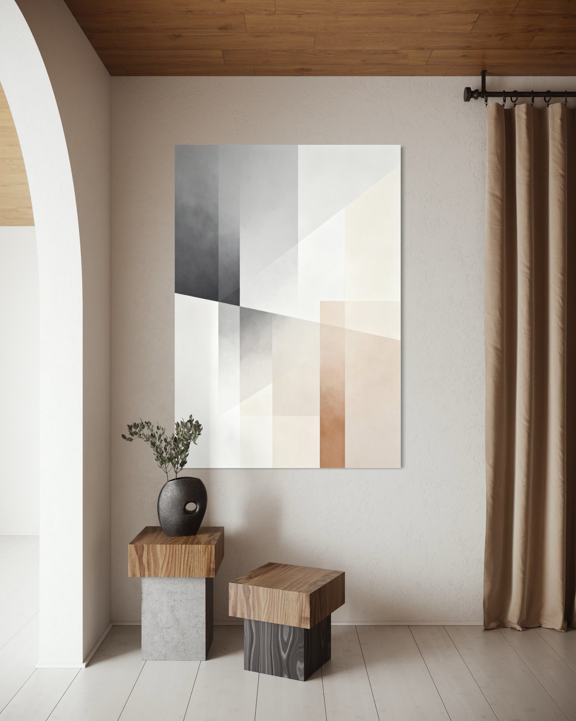 Irregular art elegante con cornice bianca e forme geometriche astratte su sfondo chiaro