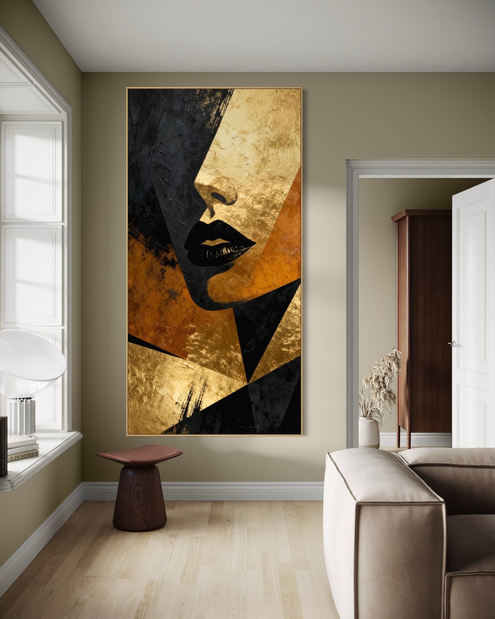 Desiderio con finitura Oro: quadro astratto con silhouette e accenti neri