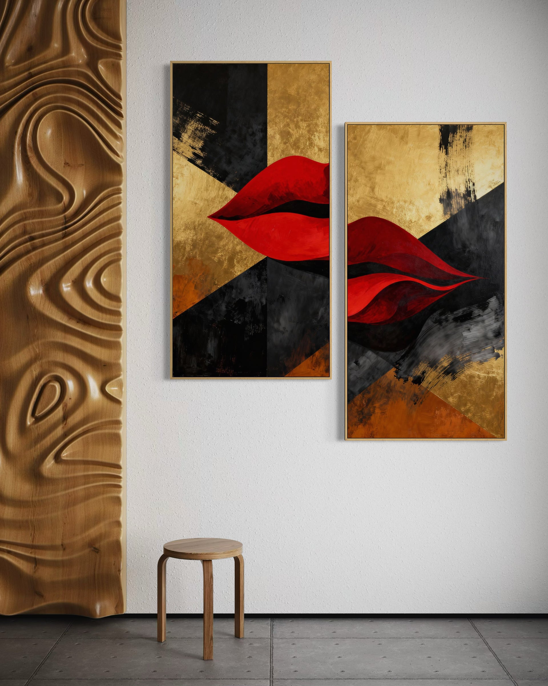 Set due baci dorati con cornici oro, sfondo nero e rosso labbra astratte
