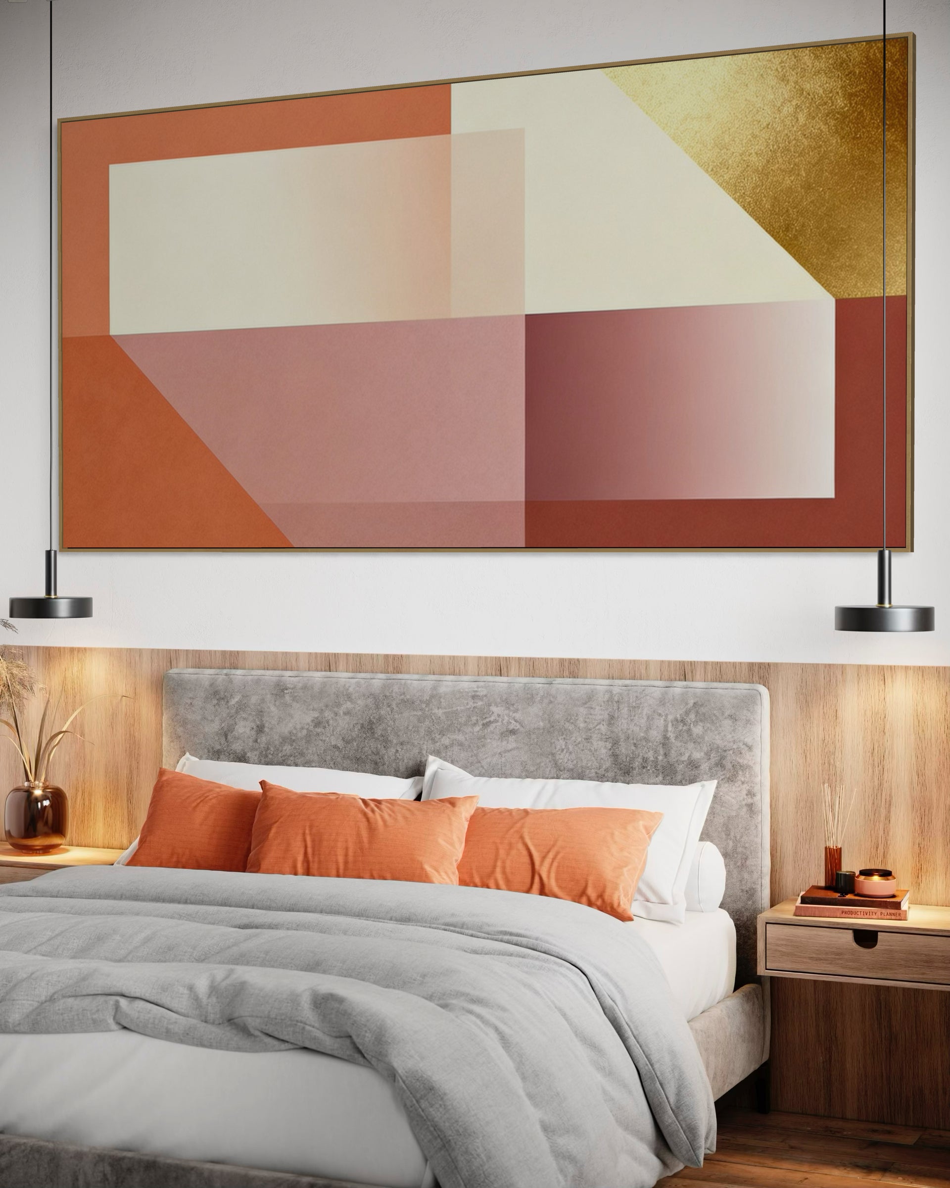 Golden drift abstract canvas with gold frame, geometric blocks in white, red, gold.