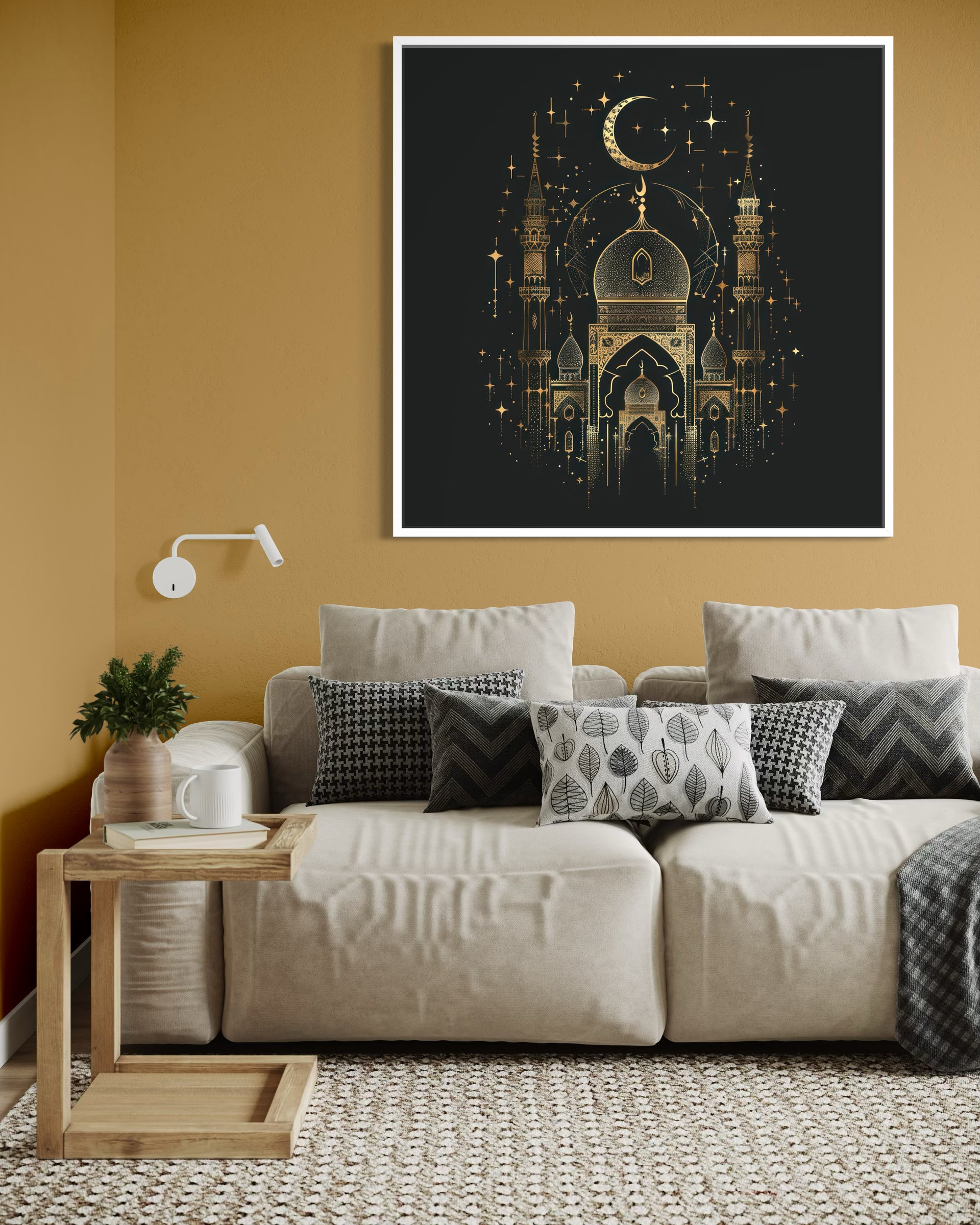 Moschea gold incorniciata con moschea stilizzata in oro su sfondo scuro
