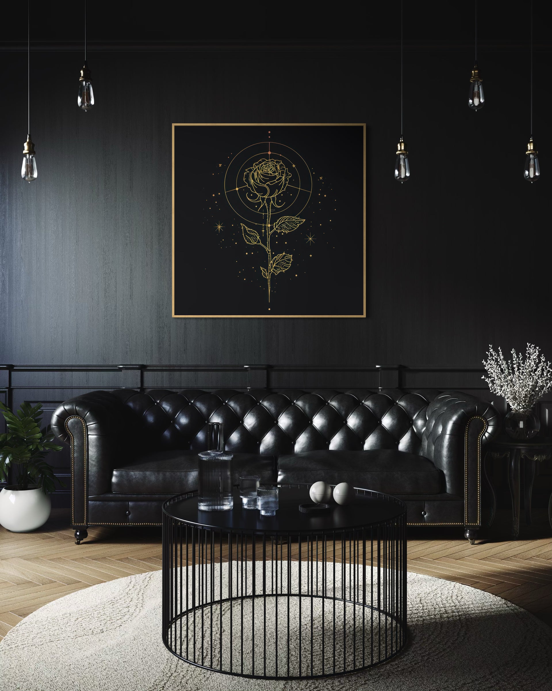 Rosa dorata in linea con cornice oro, su sfondo scuro