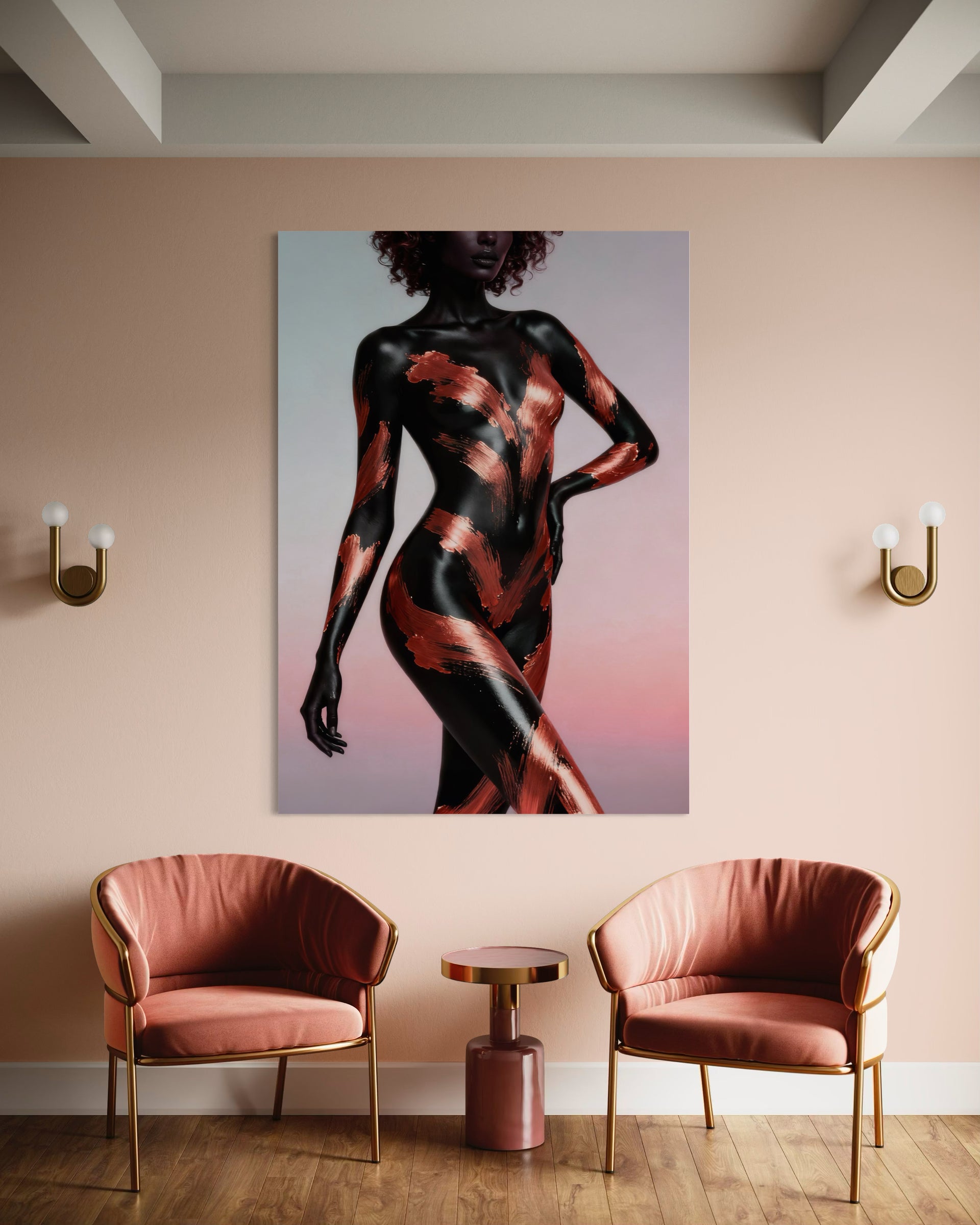 Stampa astratta con figura femminile, cornice dorata e colori neri e bronzo, verticale