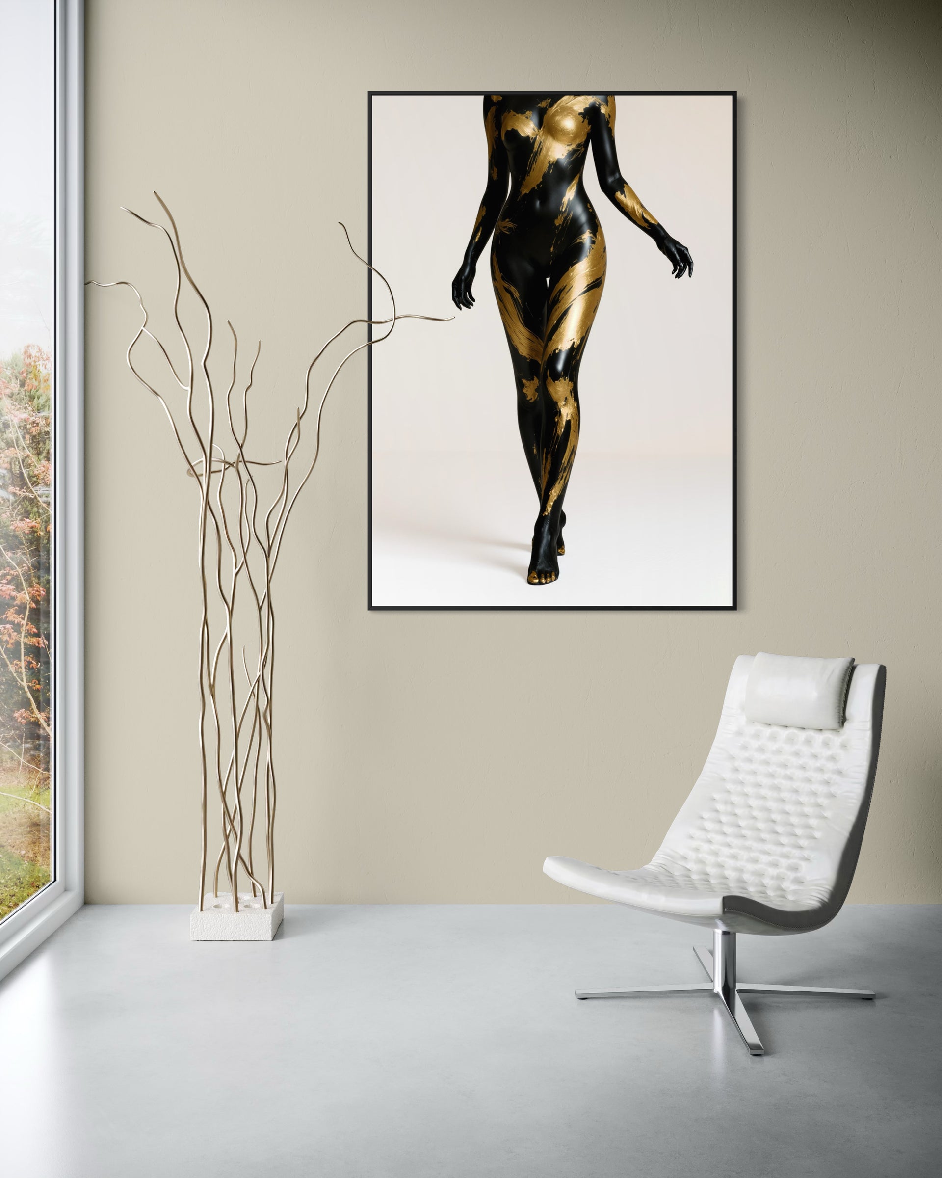 Golden movement, stampa con figura a pois oro e nero in cornice