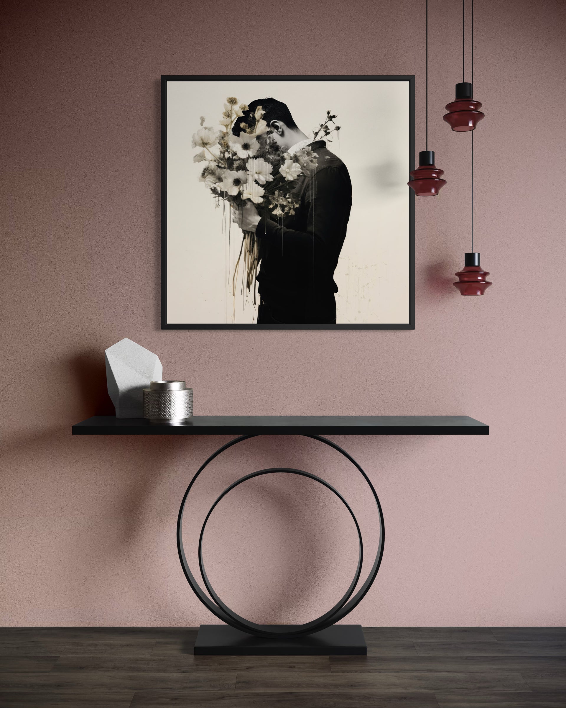 Romantic man wall art: framed black silhouette holding flowers