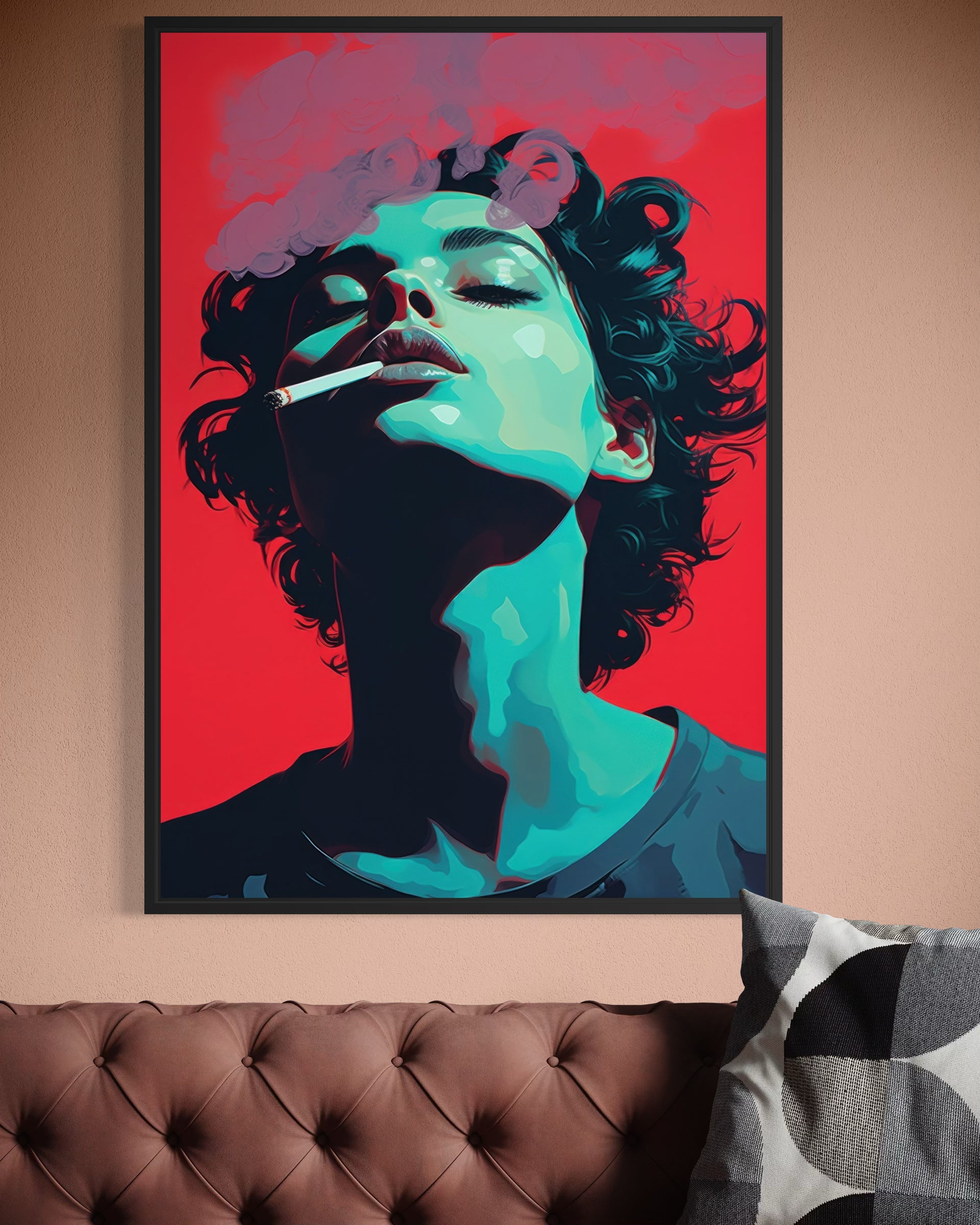 Smoke free framed portrait print of woman with cigarette, dark frame