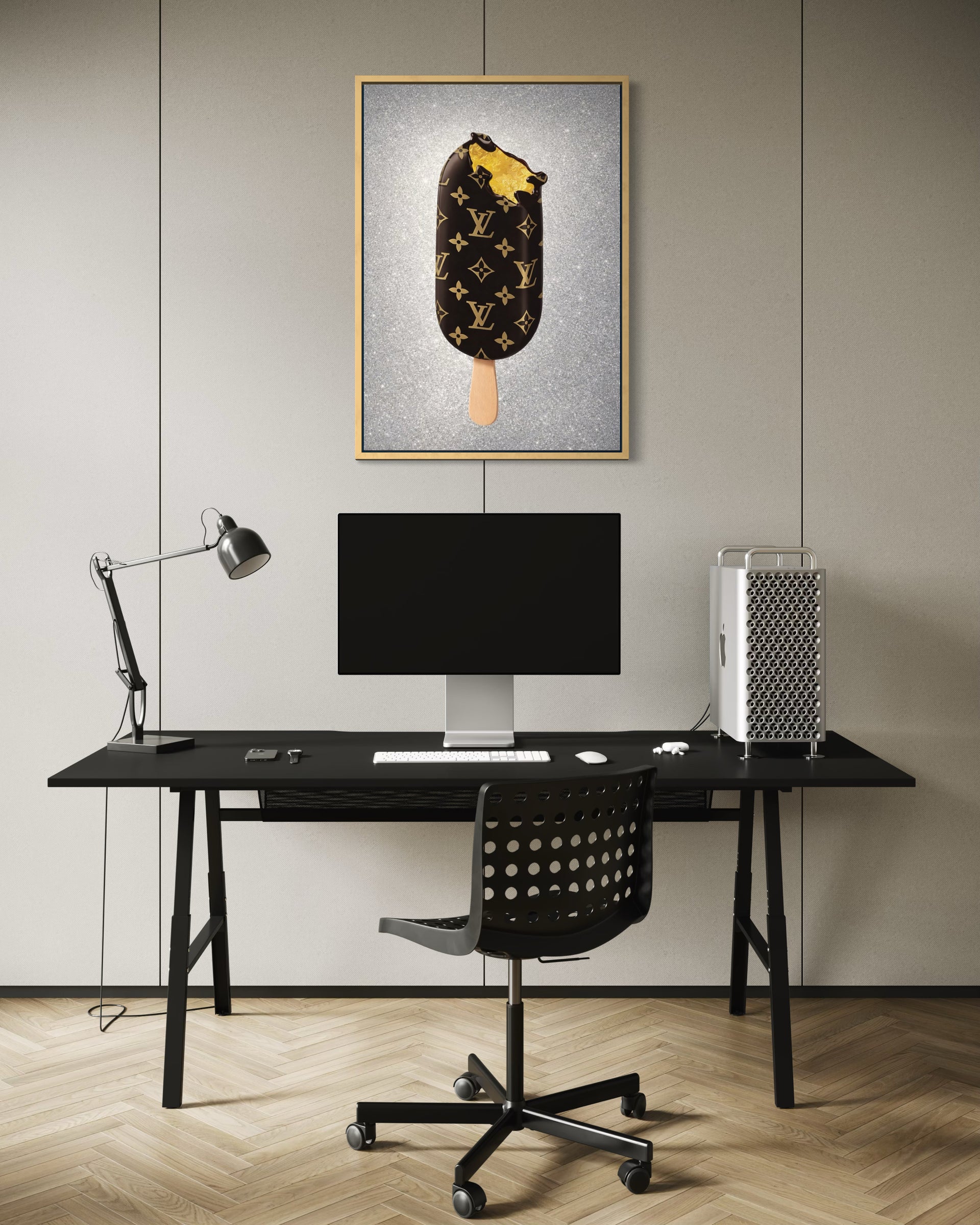 Quadro incorniciato con ghiacciolo marrone, cornice oro e motivo grafico giallo