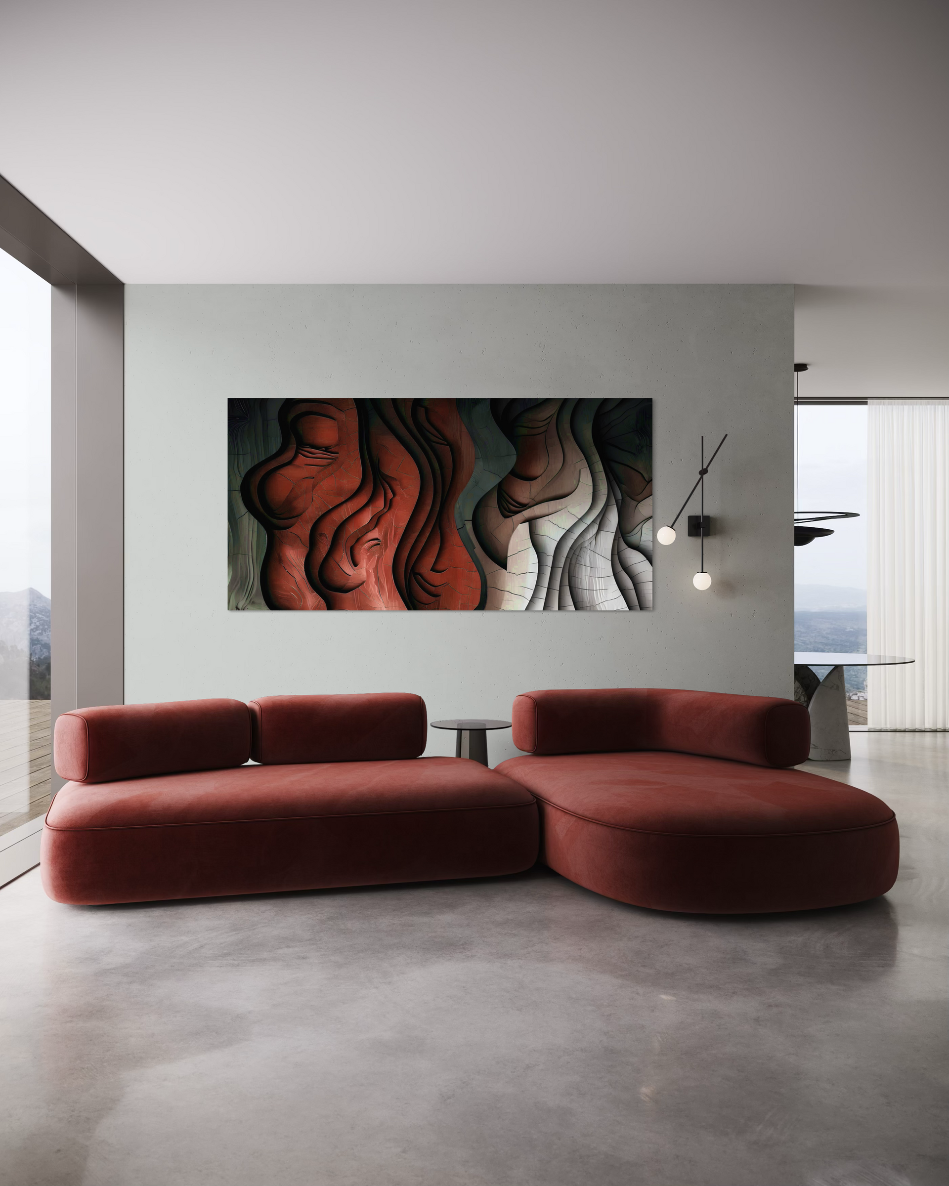 Rilievo astratto su parete, telaio rettangolare con forme ondulate in rilievo