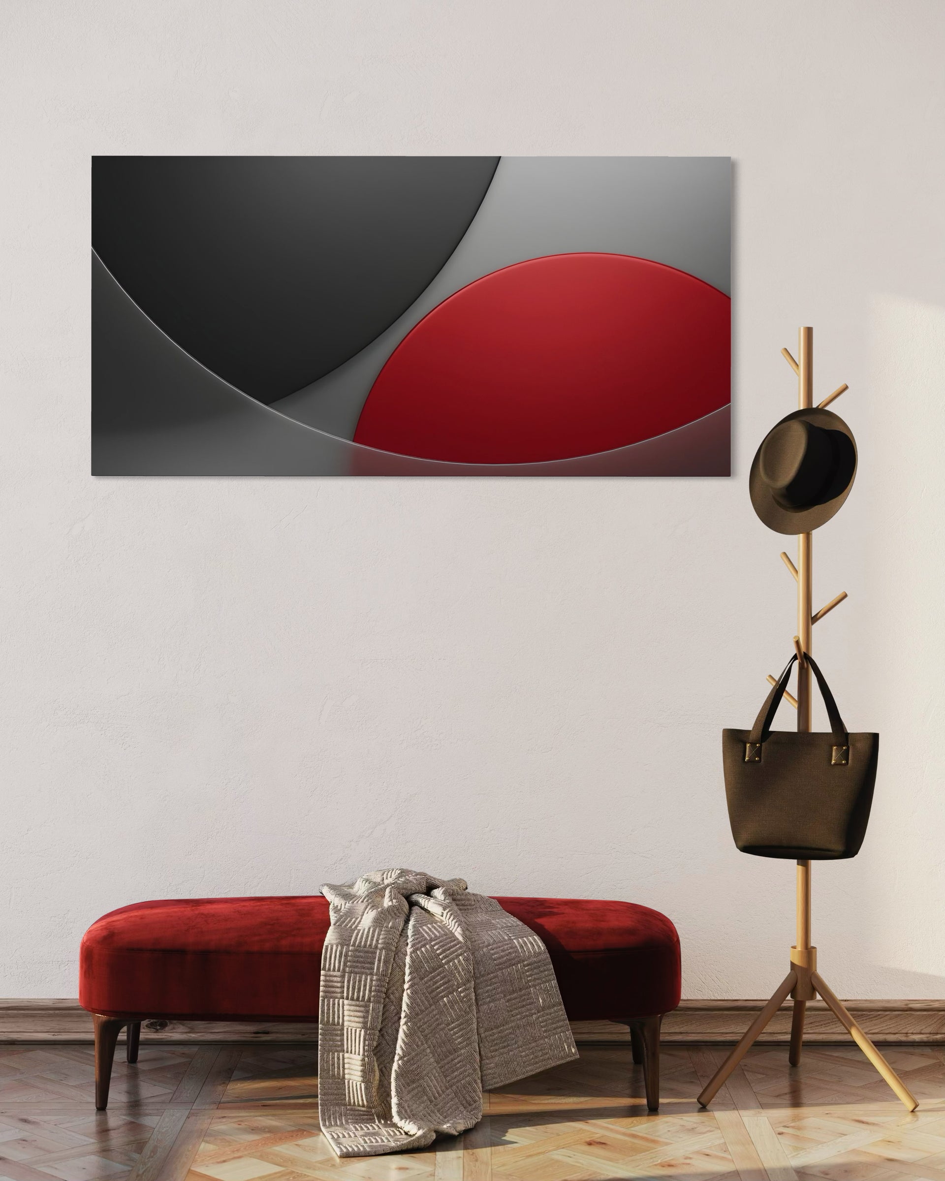Semplicità: quadro rettangolare astratto con grandi forme nero e rosso su fondo grigio