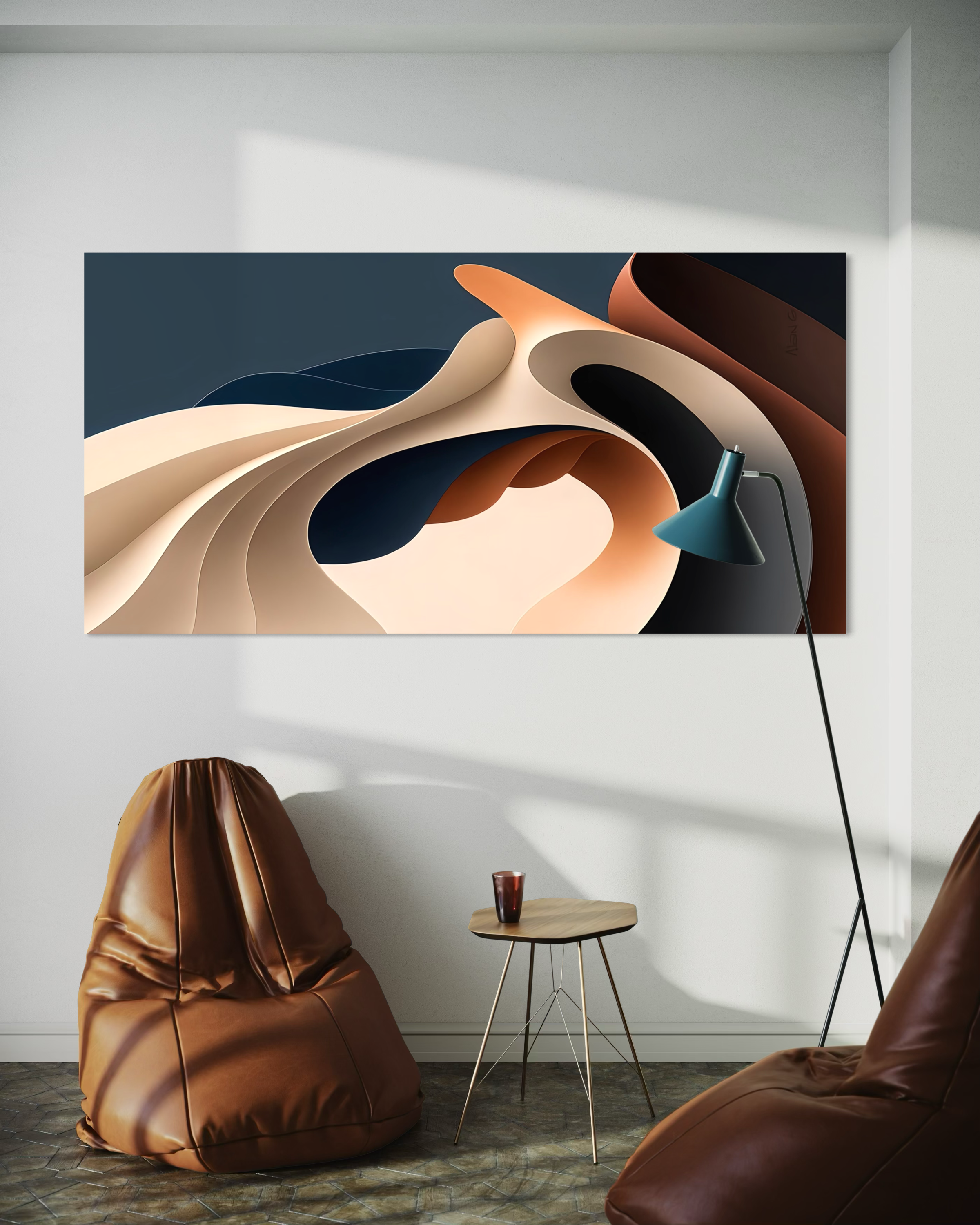 Stampa d’arte astratta con forme curve beige, oro e nero su sfondo scuro