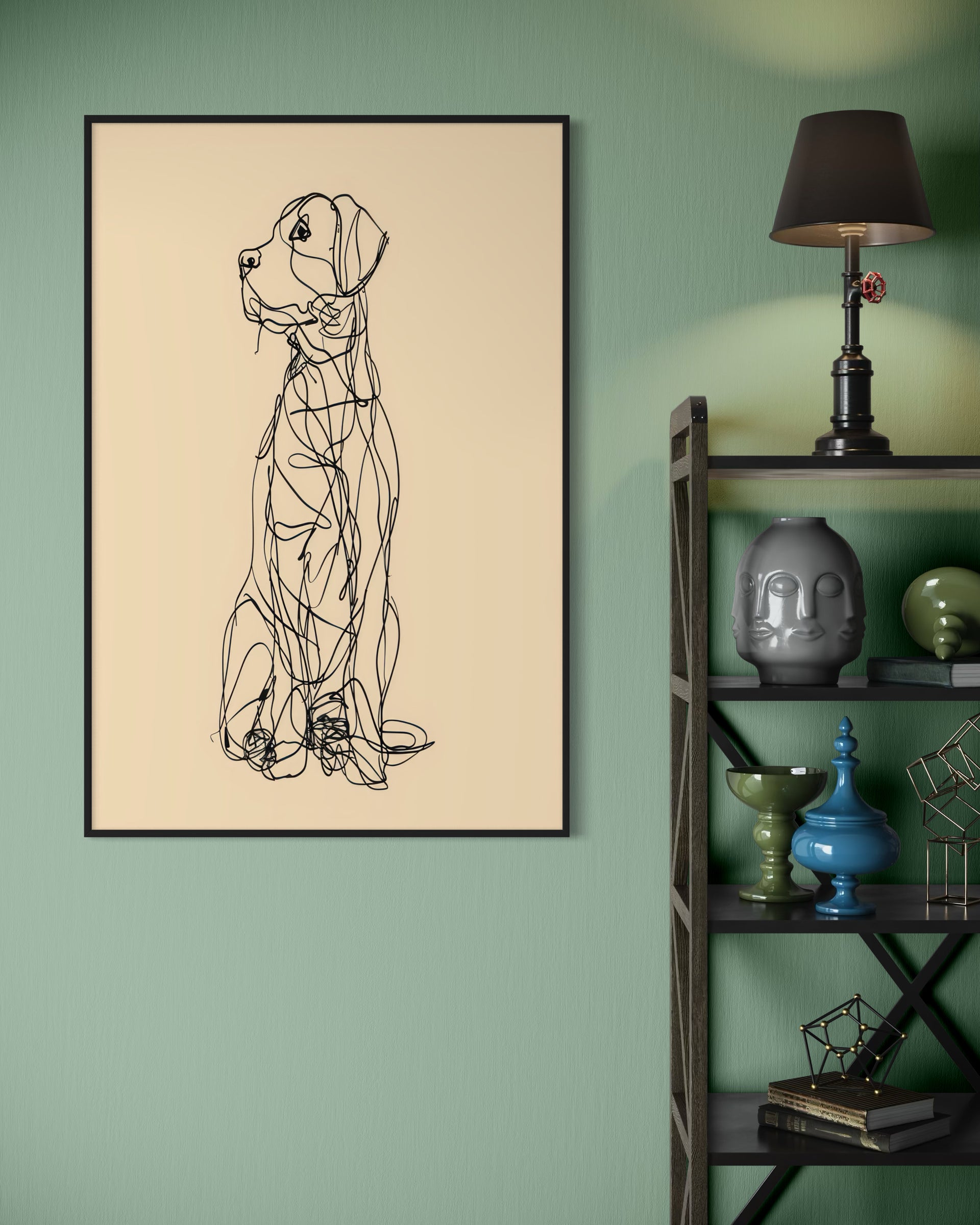 Cane lineare in cornice nera, figura di cane disegnata a linee nere