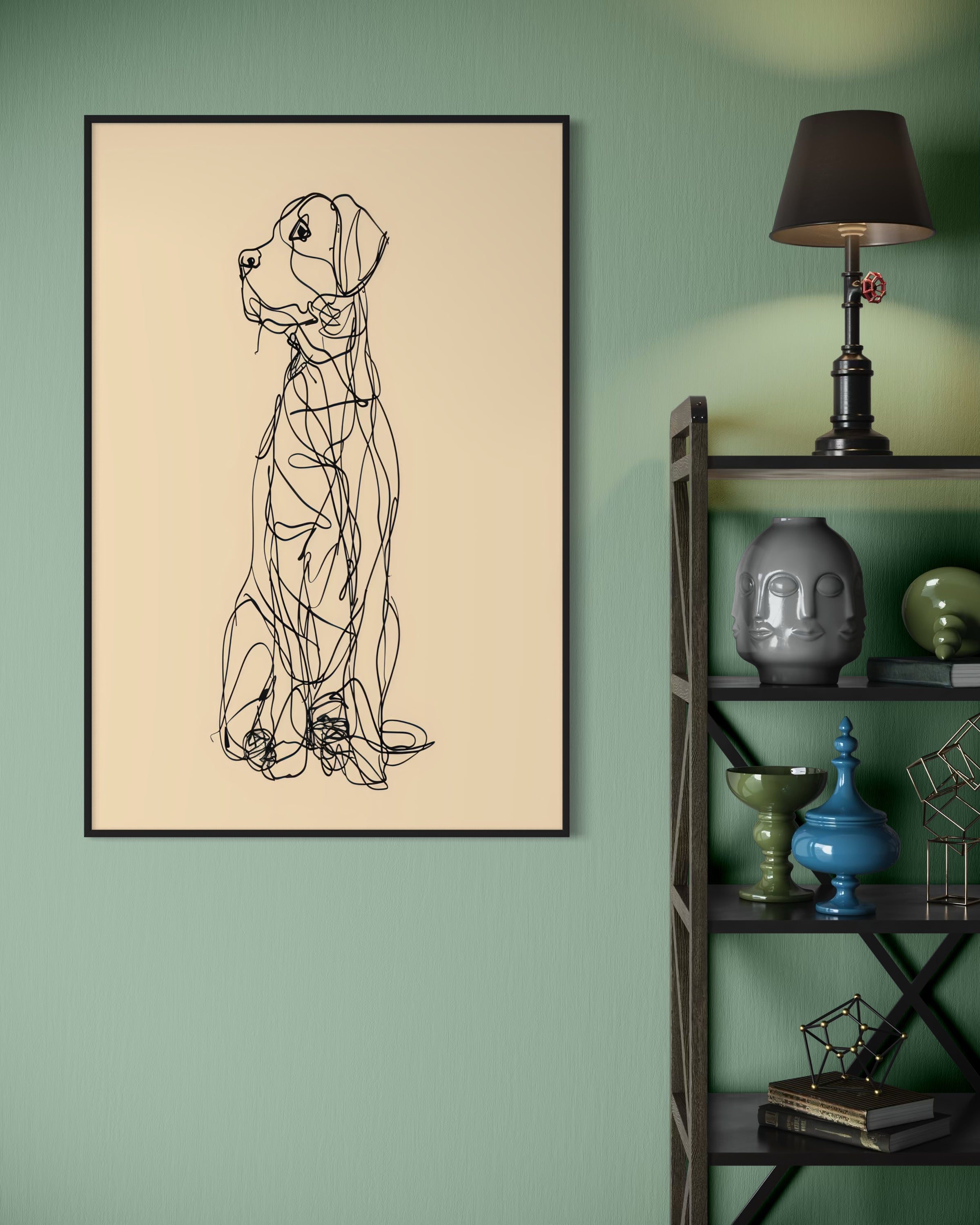 Stampa incorniciata con disegno lineare di cane, cornice nera