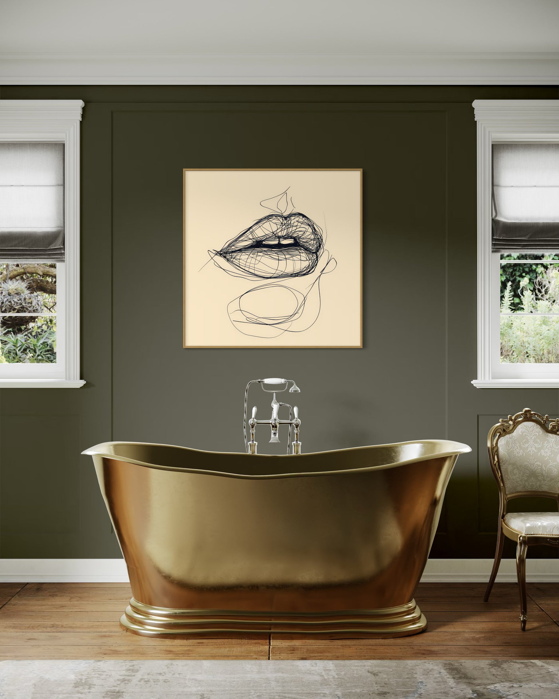 Labbra lineare, vasca freestanding in finitura oro con bordo lineare