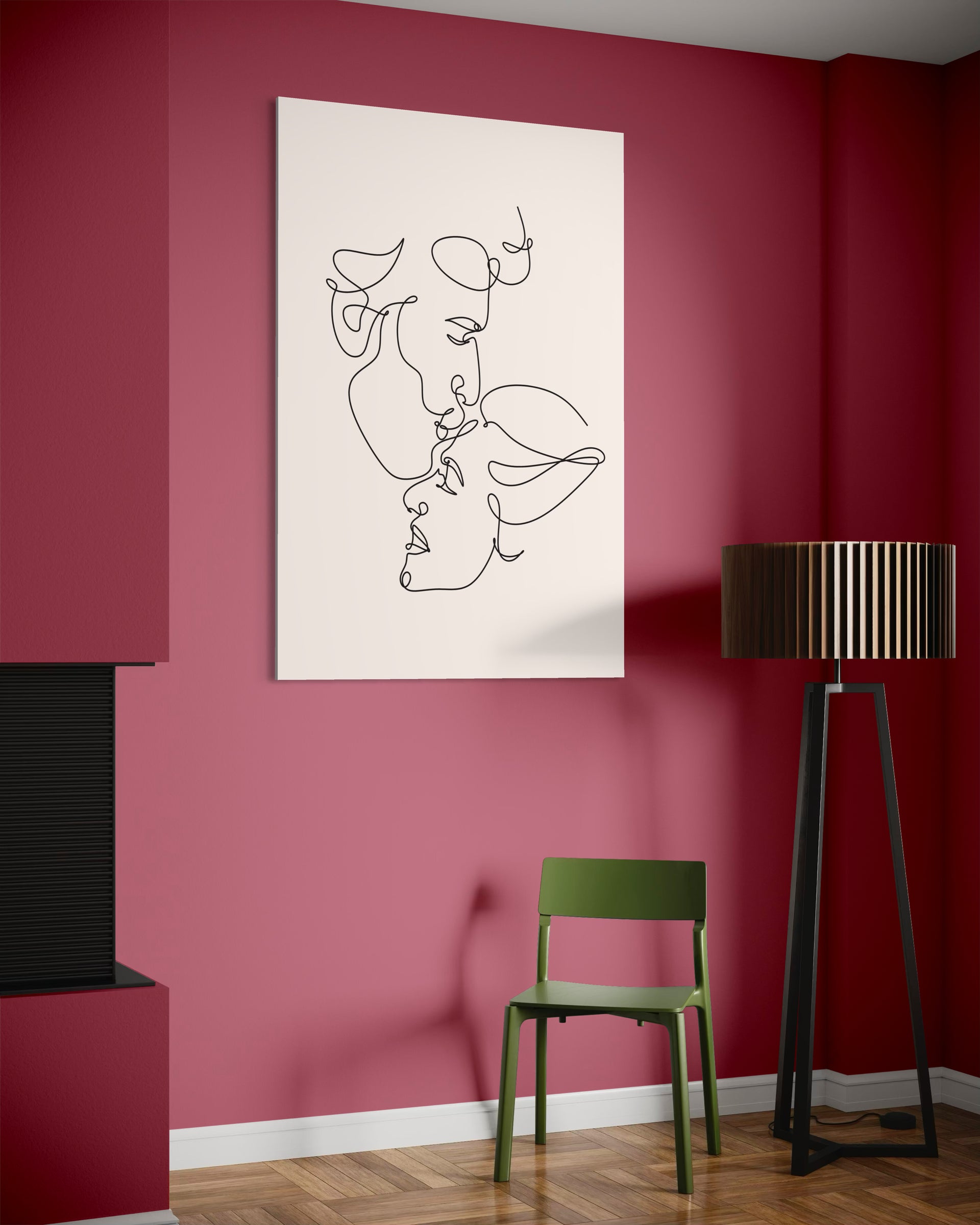 Bacio gentile: stampa incorniciata con disegno lineare su sfondo chiaro, cornice scura