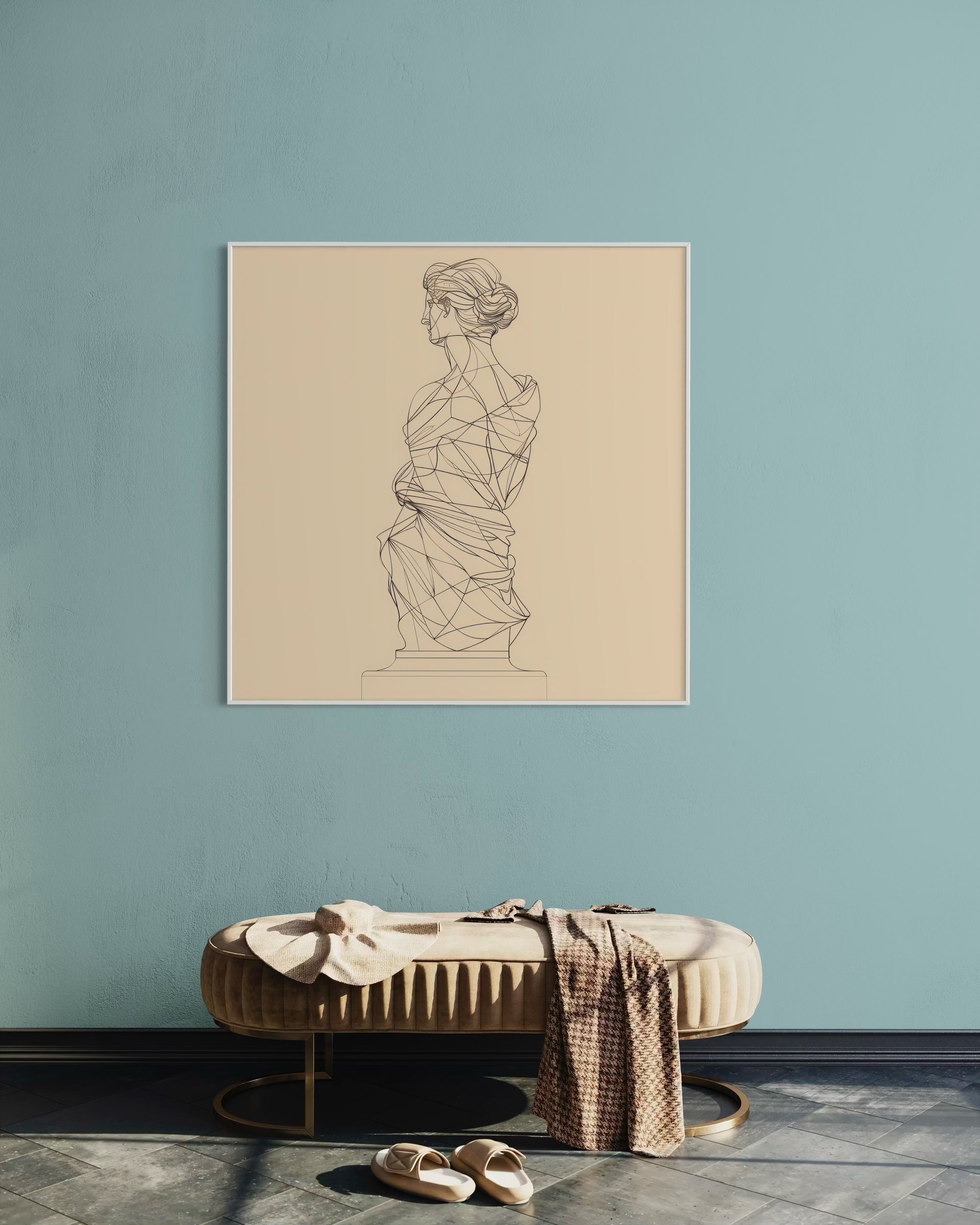 Statua donna lineare: silhouette in filo con cornice rettangolare
