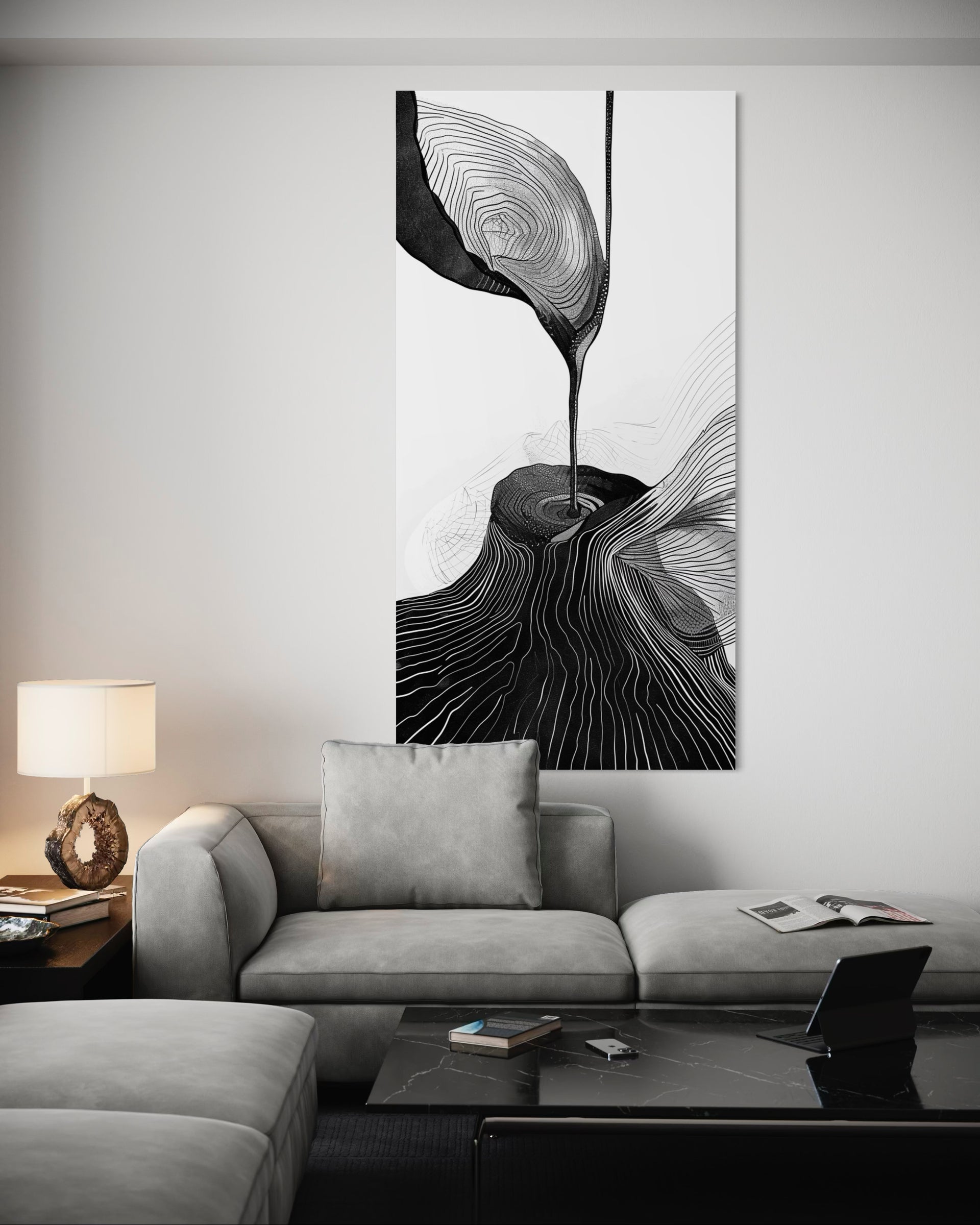 Ink river black wall art: framed abstract black ink river linework on white