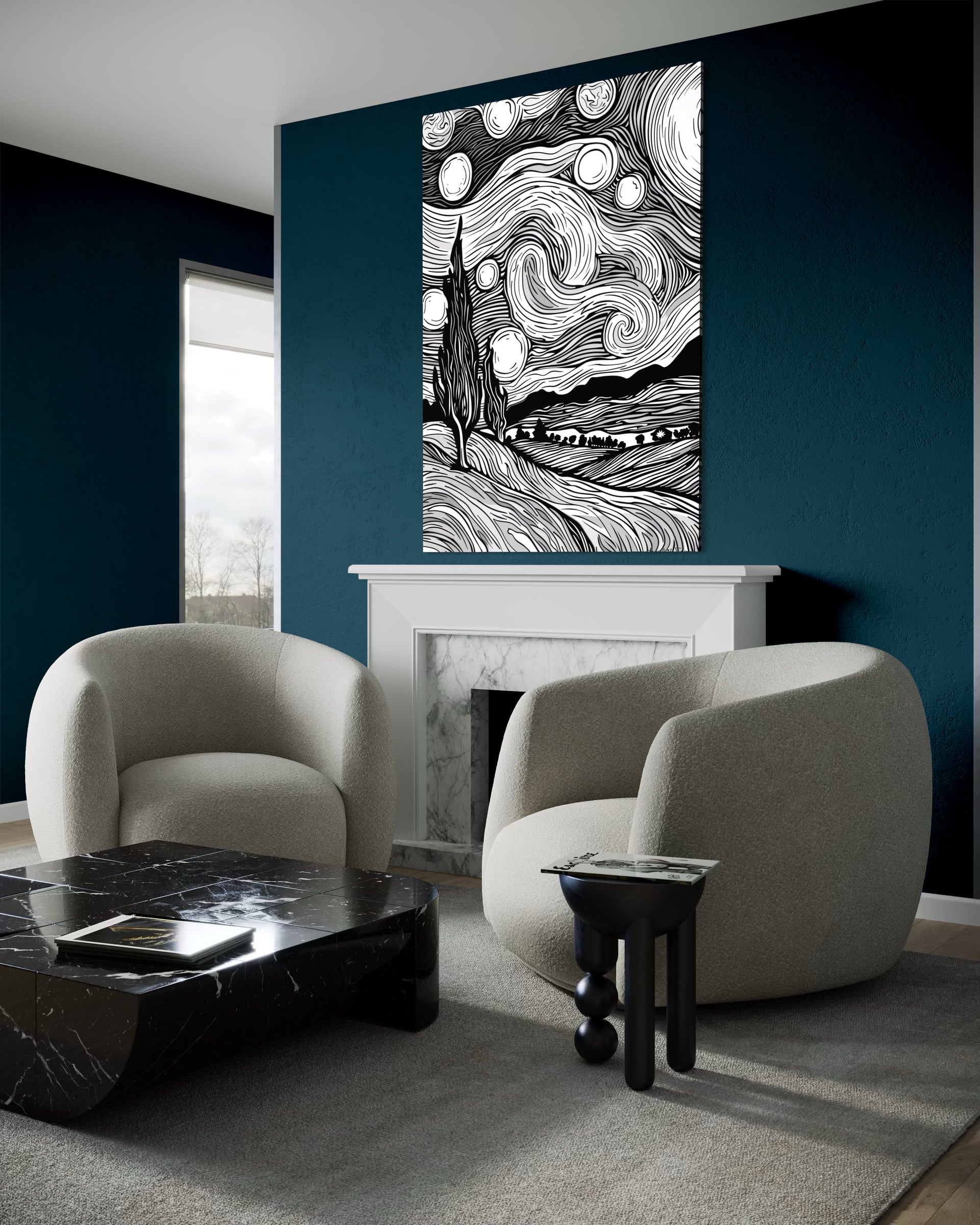 Abstract Line art: linee nere e bianche con onde e cerchi