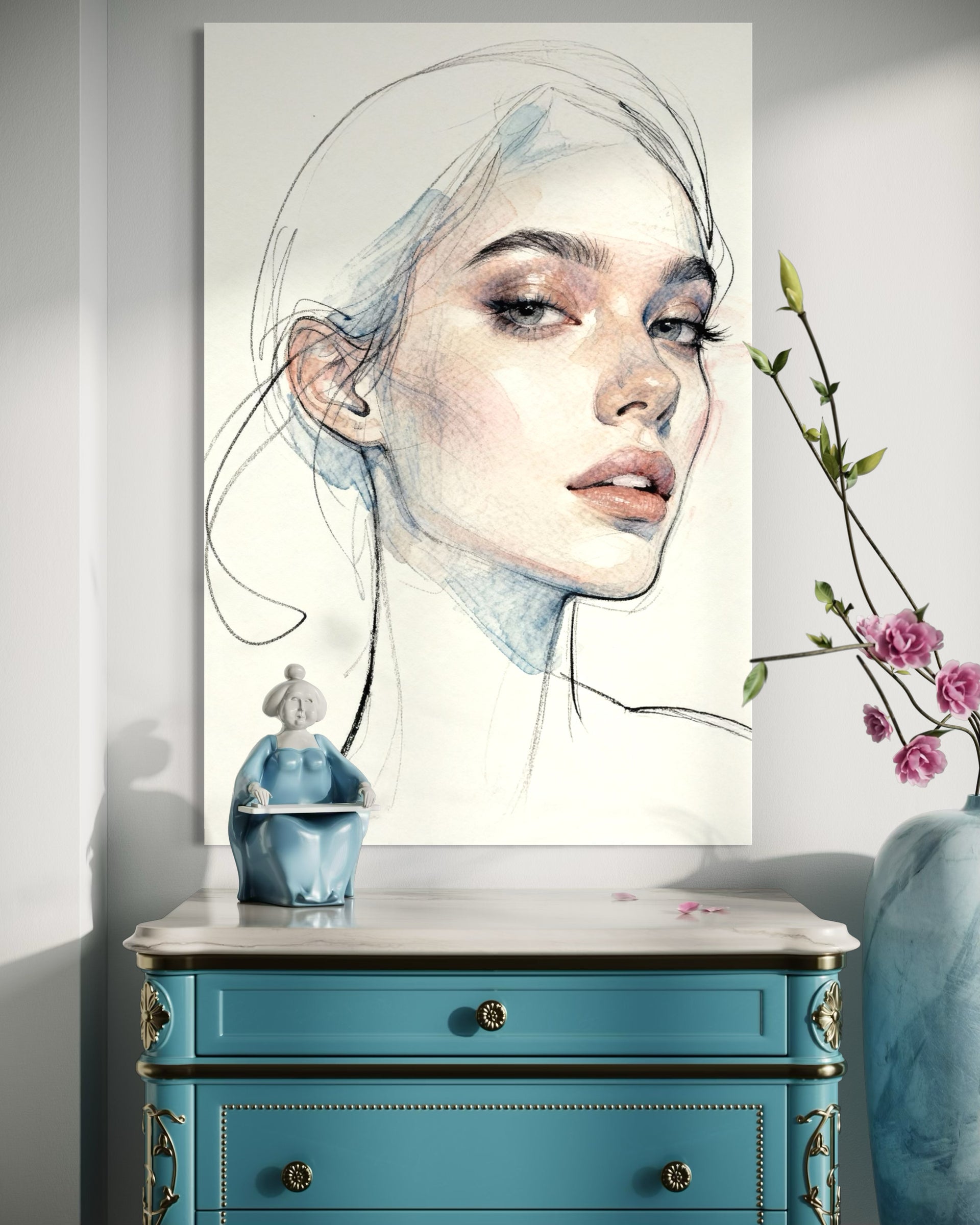 Simple woman: ritratto femminile di profilo con tratti blu e linee a matita
