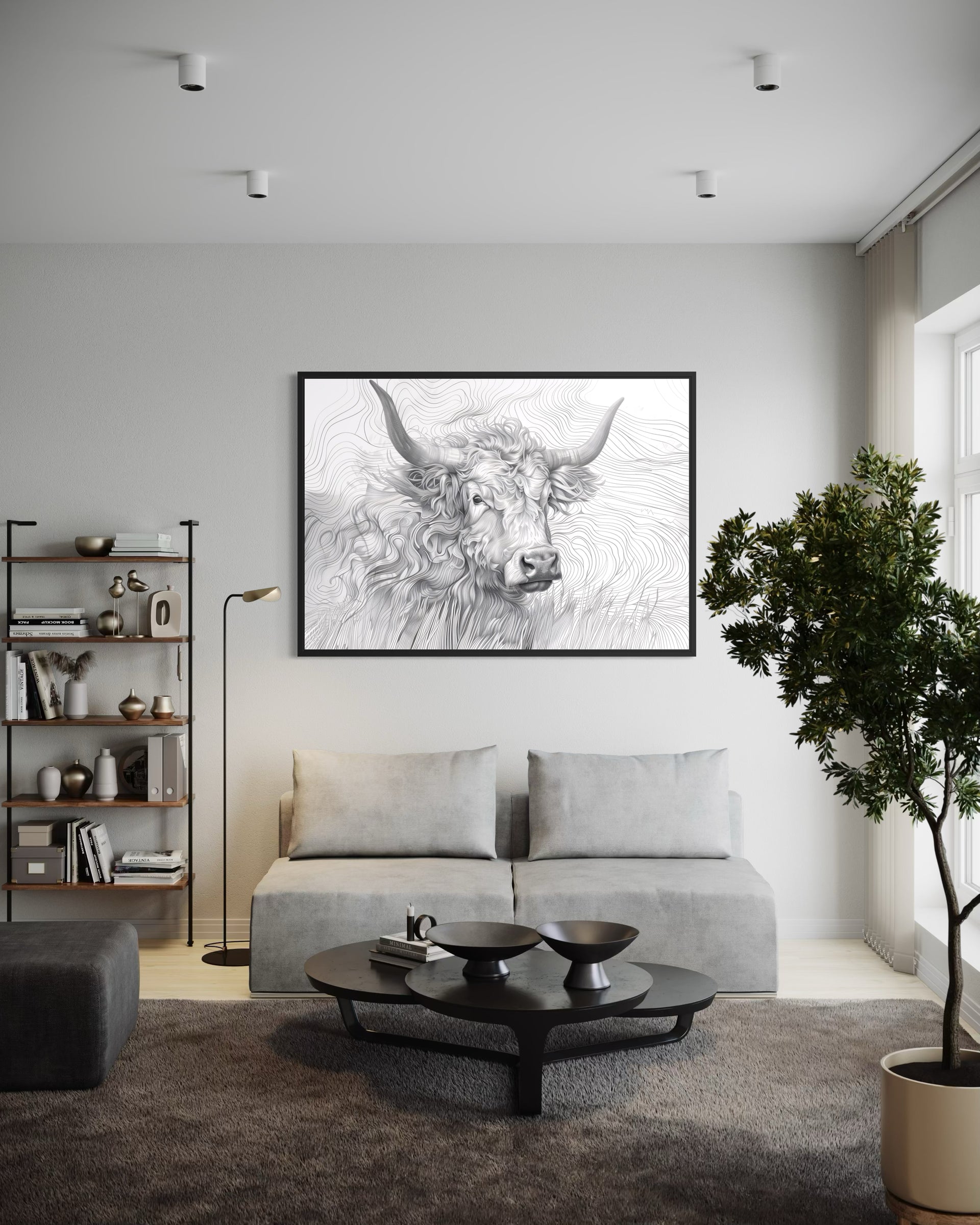 Potenza stampa incorniciata con telaio nero, illustrazione di un toro in linee