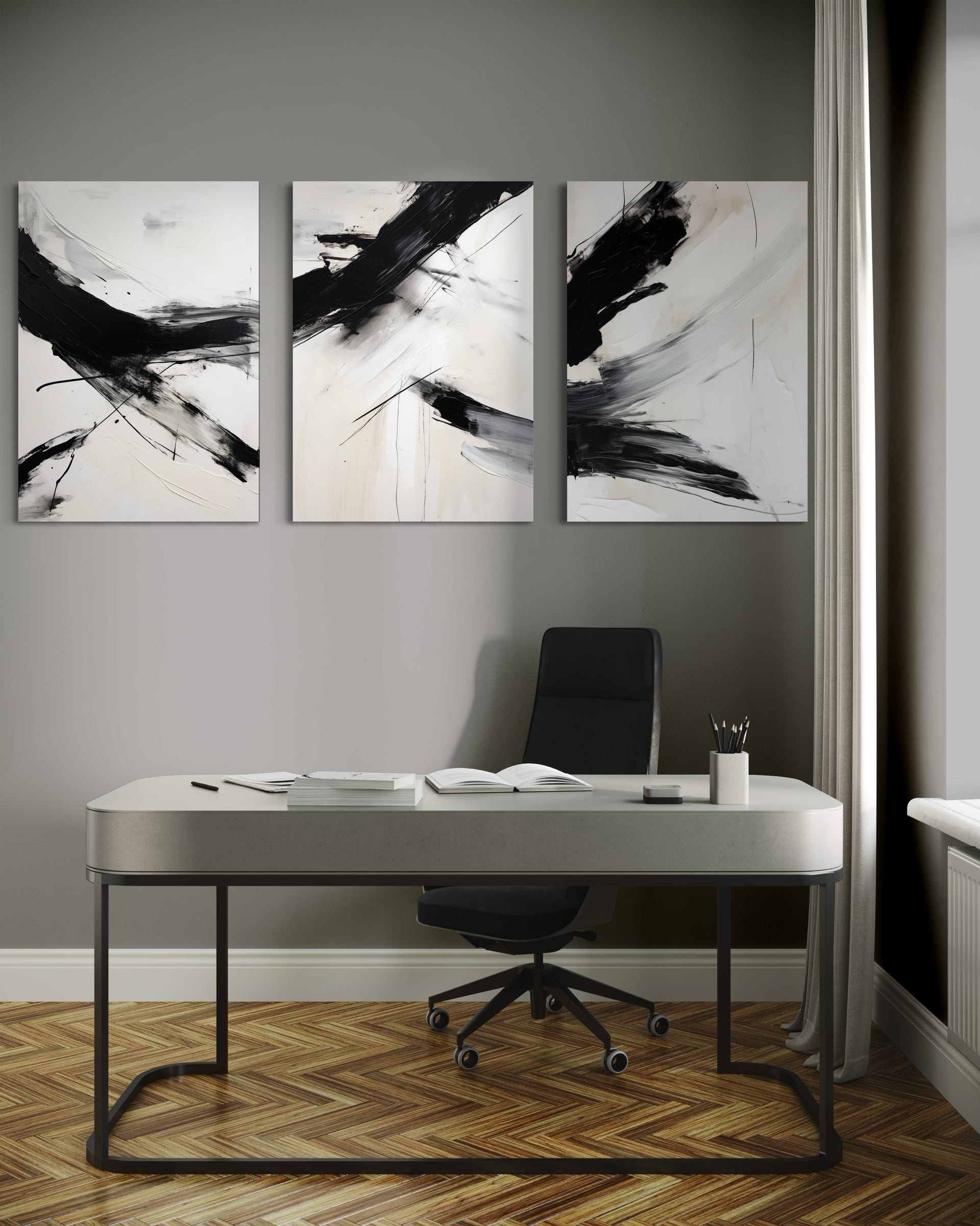 Set black line: tre quadri astratti con linee nere su sfondo bianco, cornici scure