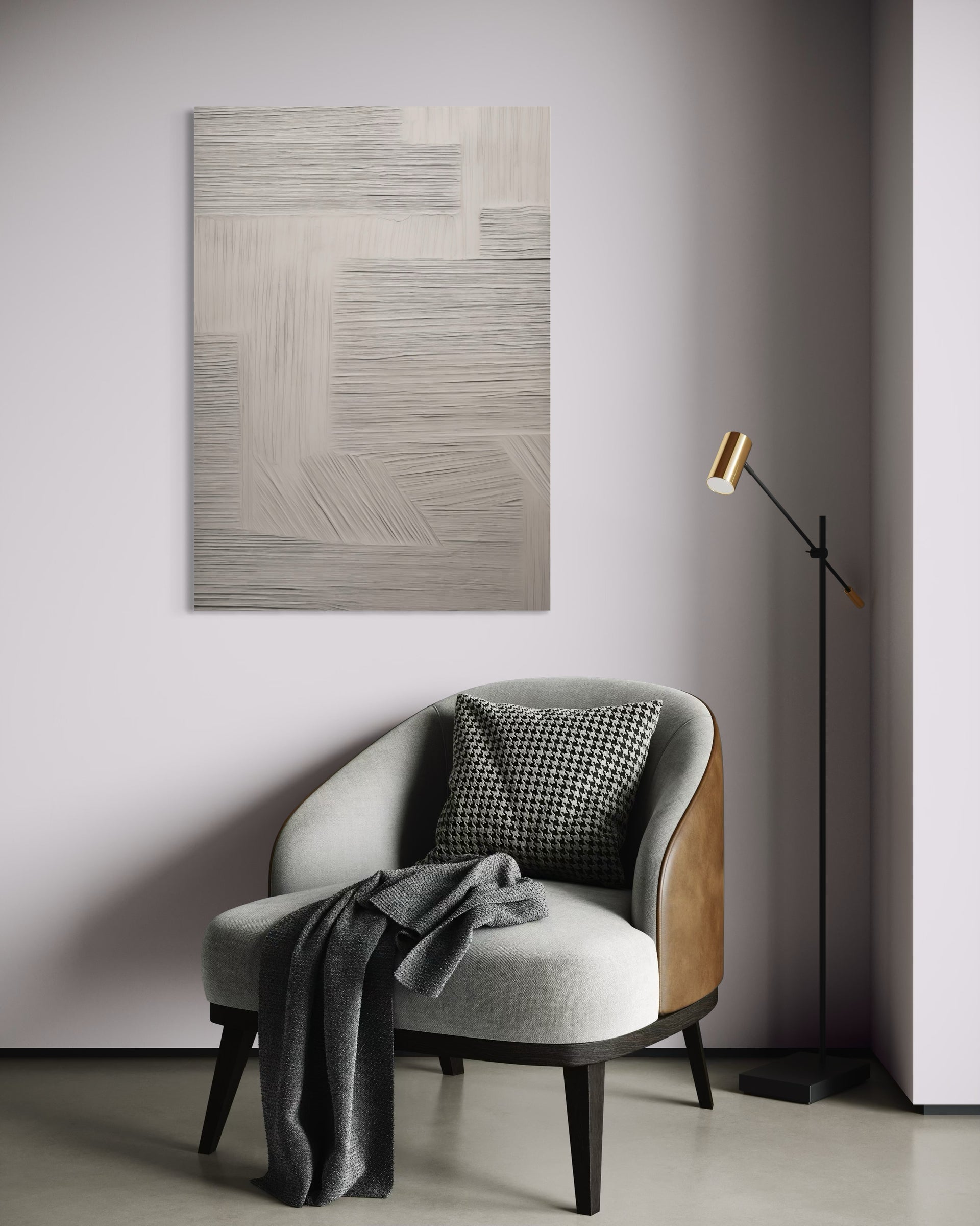 Quadro Perfetto con telaio bianco, motivo astratto a linee e texture