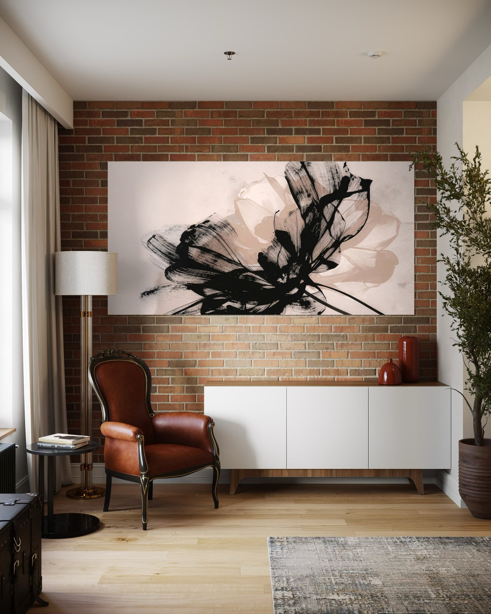 Eleganza suprema: quadro astratto bianco con motivo floreale nero in cornice