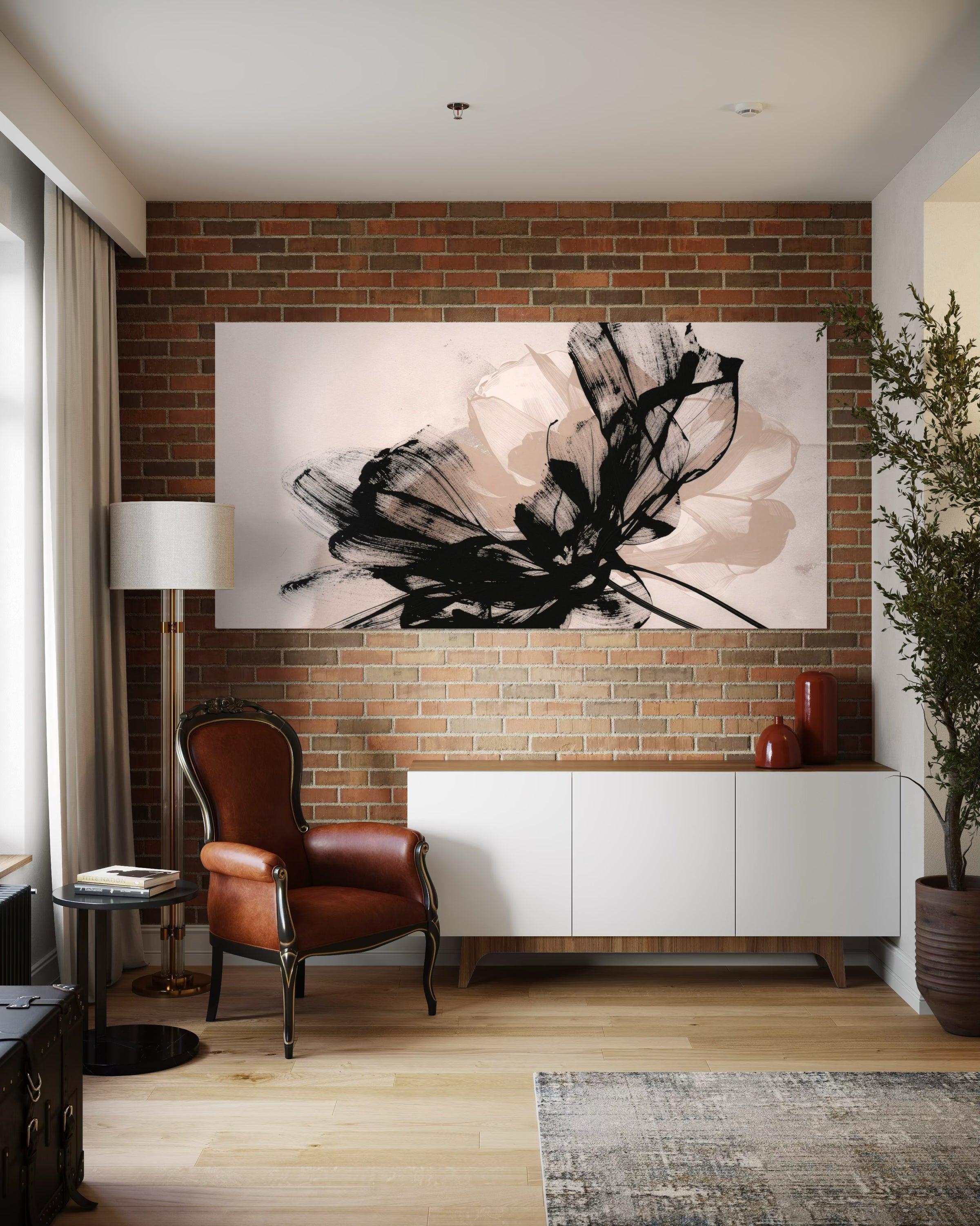 Eleganza suprema: quadro astratto bianco con motivo floreale nero in cornice